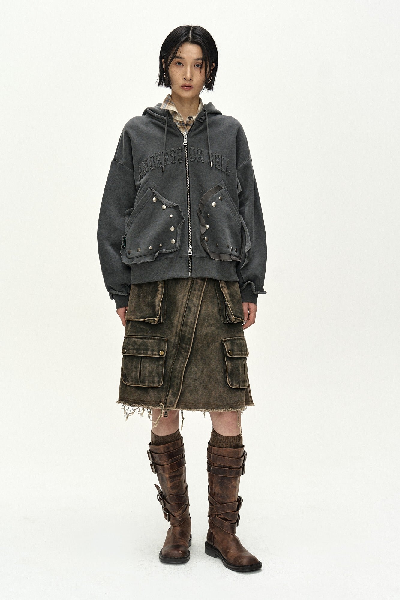 Andersson Bell - Raw-Cut Studded Zip-Up Hoodie (charcoal) (Charcoal) product image 1 | TRAB K-Fashion Australia