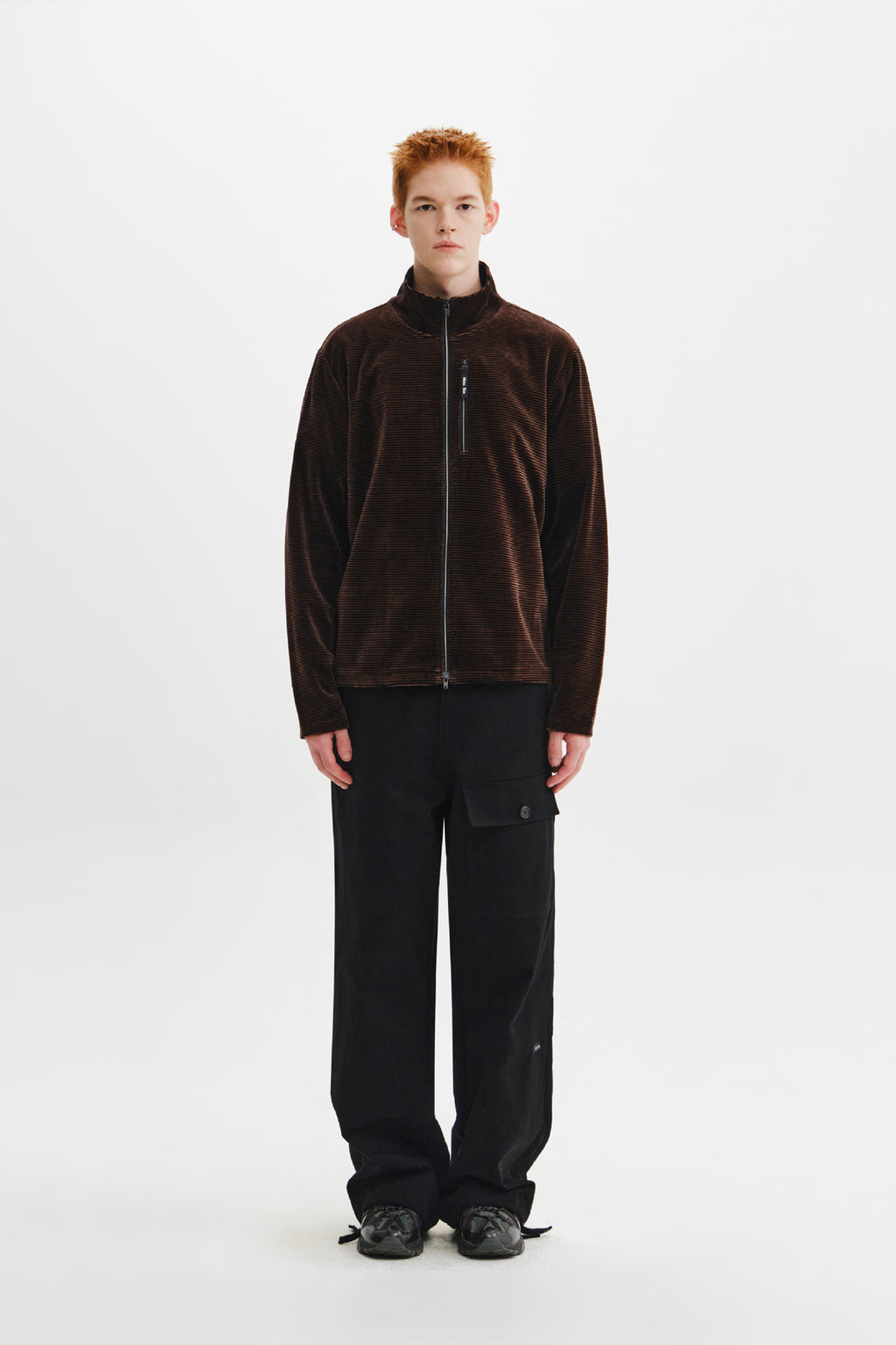 Matin Kim - [Pre-Order – Ships October 8] Striped Velour Zip Up (Brown) product image 7 | TRAB K-Fashion Australia