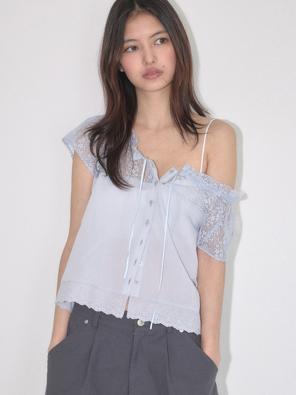 Margarin Fingers - Flower Lace Blouse (Light Blue) product image 1 | TRAB K-Fashion Australia
