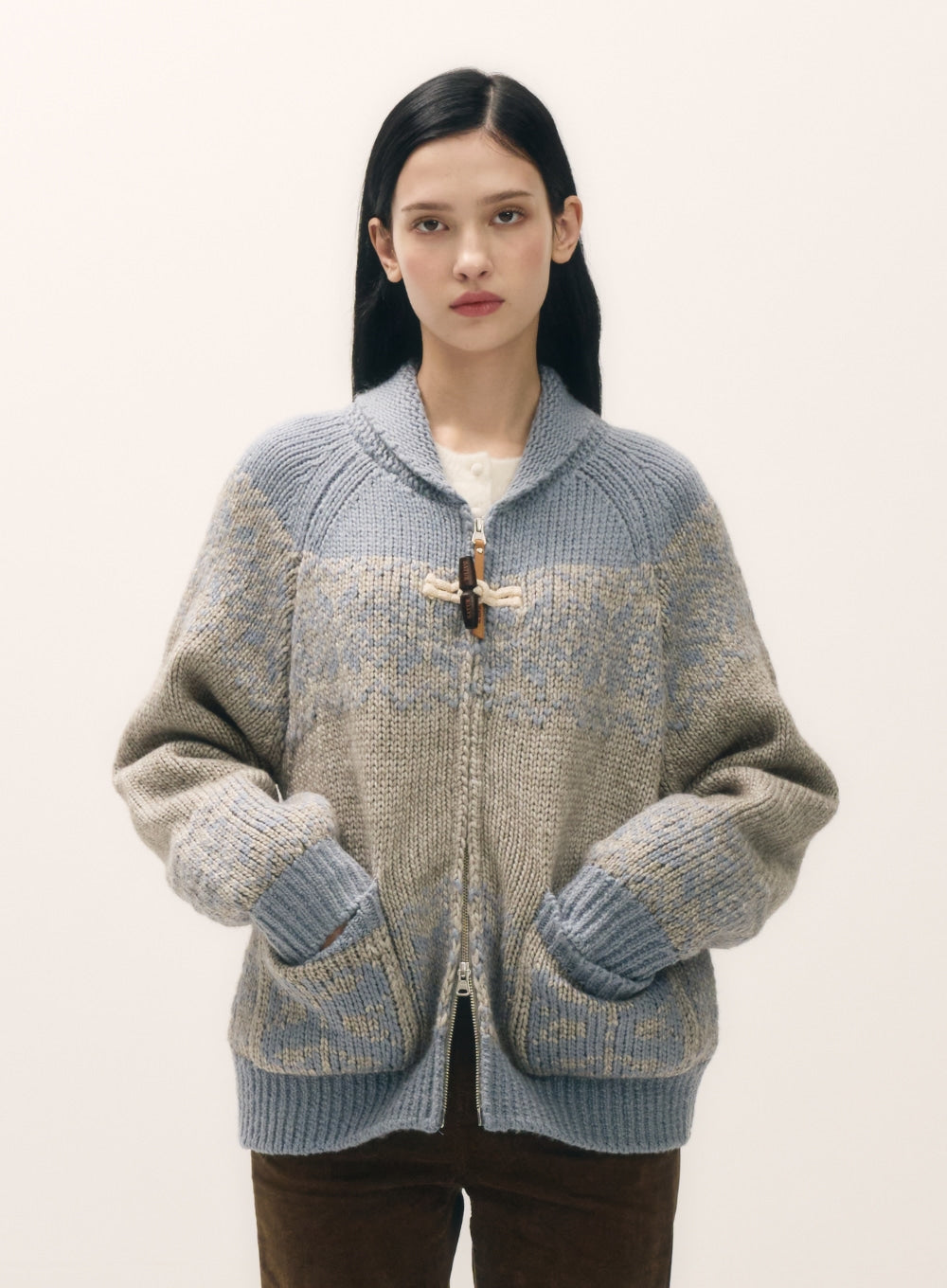 Satur - (W) Cowichan Knit Zip-up Cardigan (Sky Blue) product image 3 | TRAB K-Fashion Australia