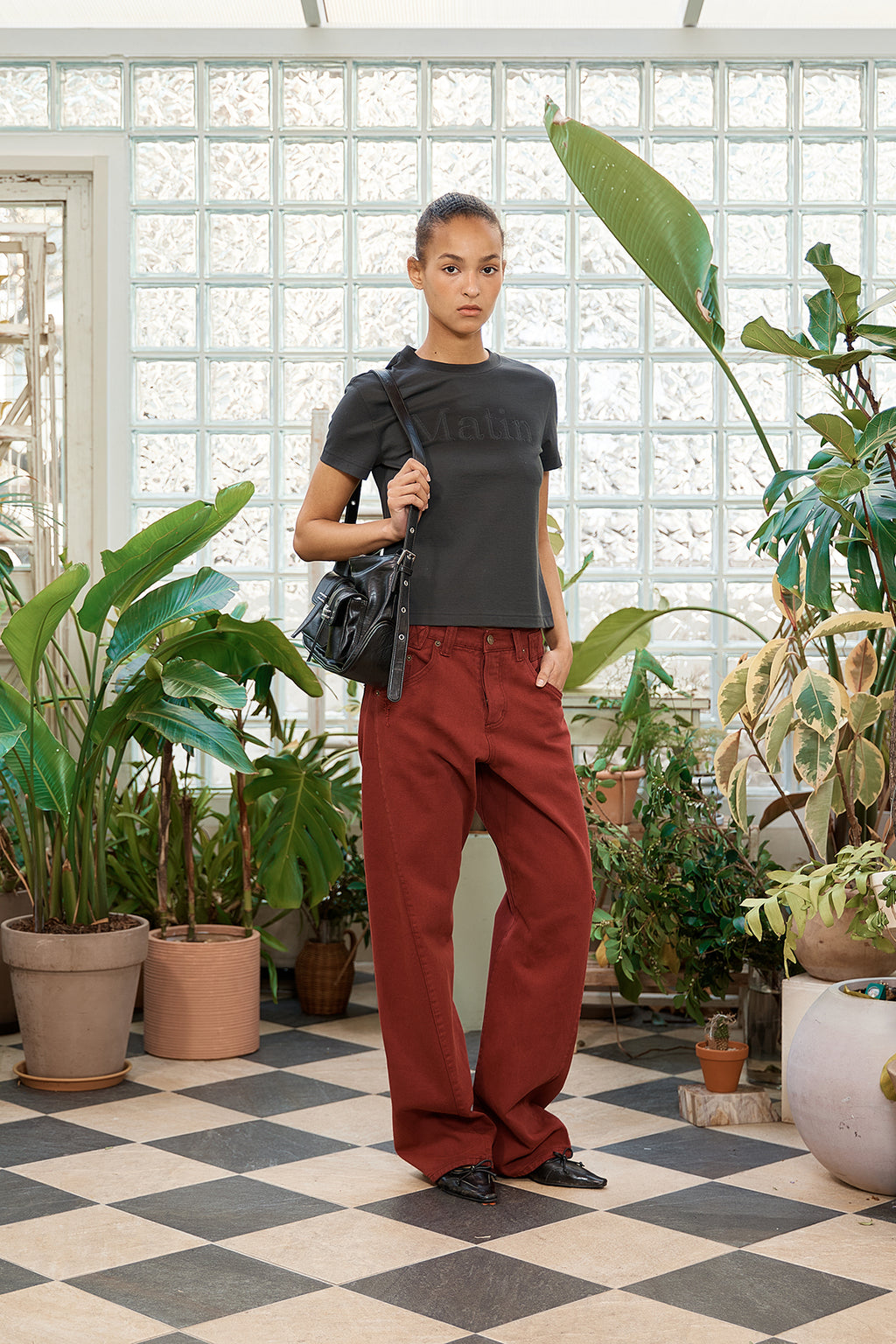 Matin Kim - Waist Buckle Curved Dying Denim Pants (Red) product image 10 | TRAB K-Fashion Australia