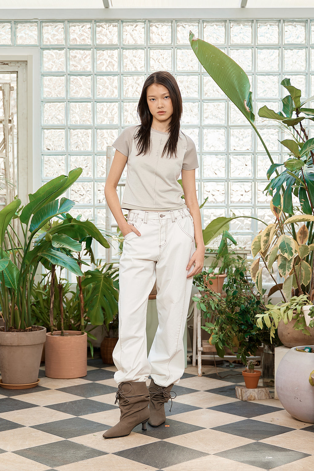 Matin Kim - Waist Buckle Curved Twill Denim Pants (White) product image 10 | TRAB K-Fashion Australia