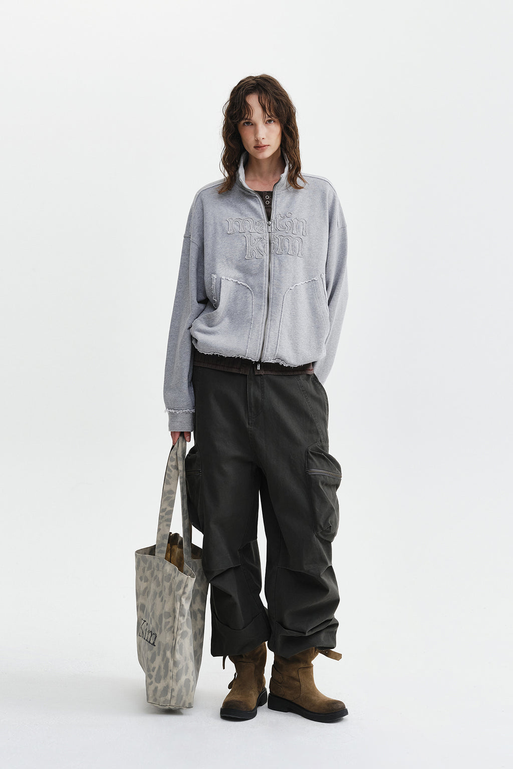 Matin Kim - [Pre-Order – Ships August 24] Mixed Waffle Applique Logo Zip Up (Grey) product image 11 | TRAB K-Fashion Australia