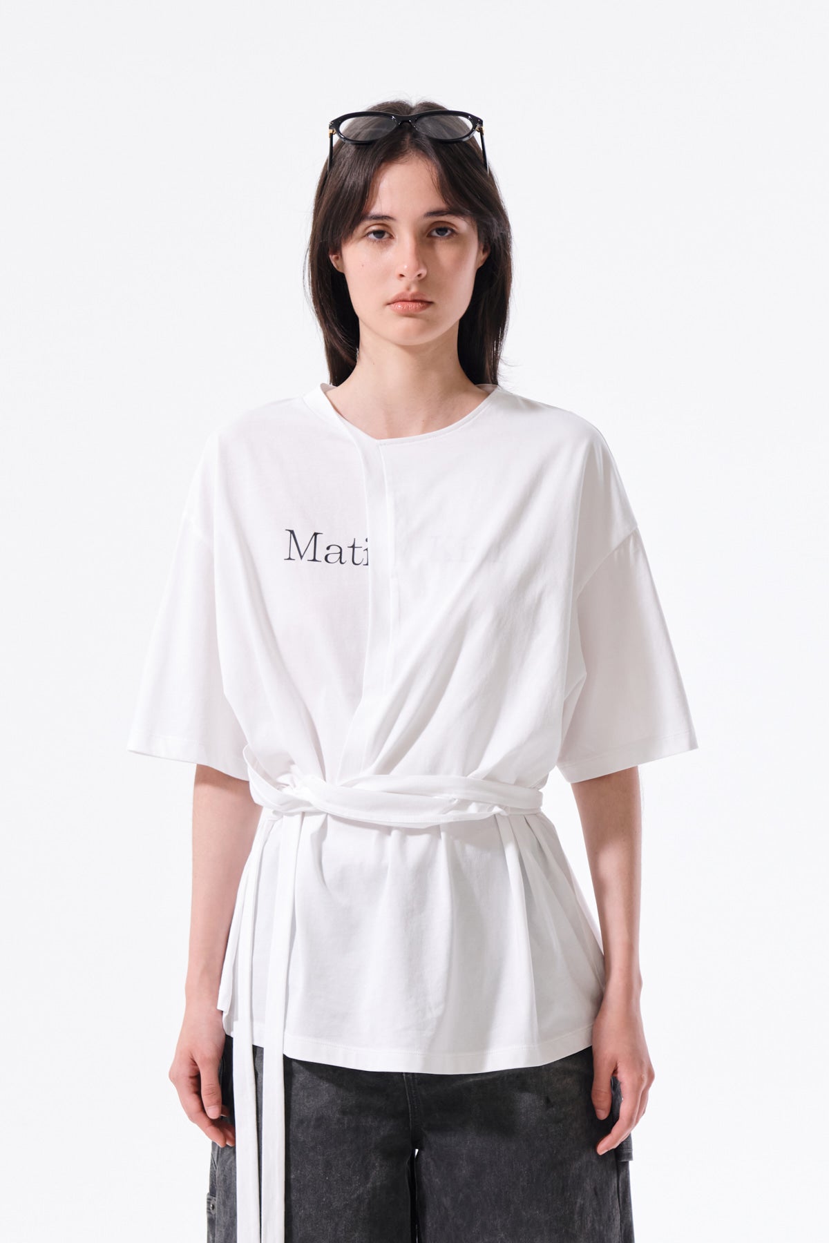 Matin Kim - Tie Detail Draped Logo Top (White) product image 6 | TRAB K-Fashion Australia