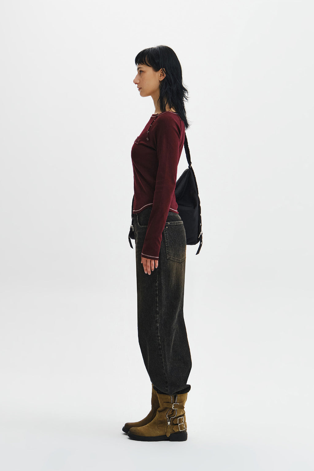 Matin Kim - Logo Applique Button Detail Raglan Top (Wine) product image 8 | TRAB K-Fashion Australia