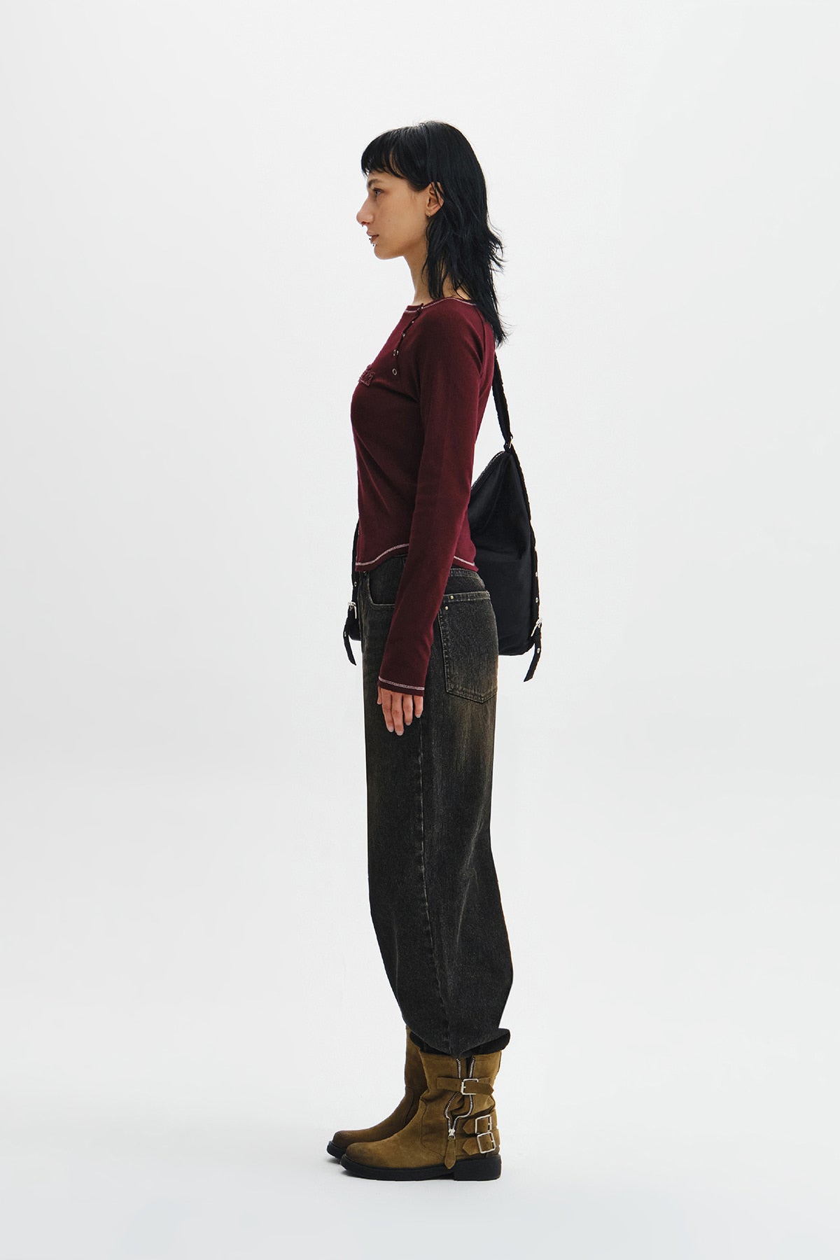 Matin Kim - Logo Applique Button Detail Raglan Top (Wine) product image 8 | TRAB K-Fashion Australia