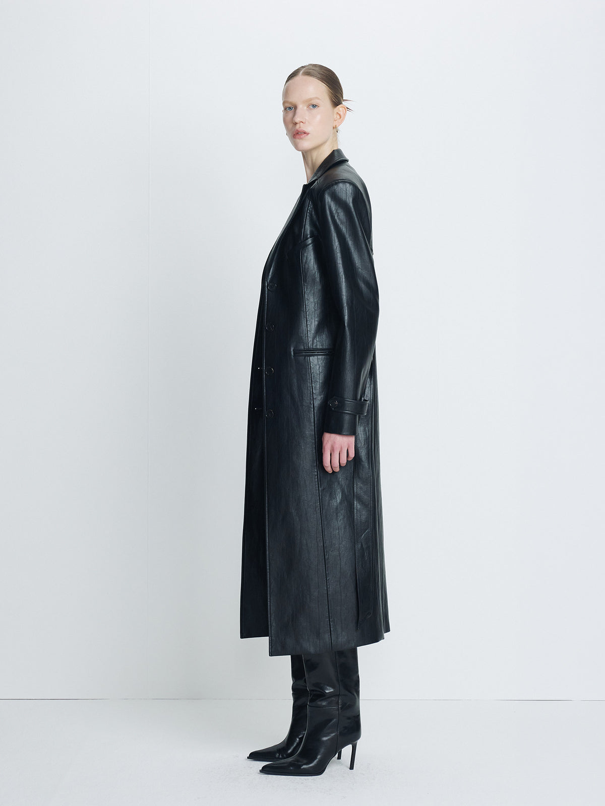 Tonywack - Faux Leather Single-Breasted Long Coat (Black) product image 3 | TRAB K-Fashion Australia