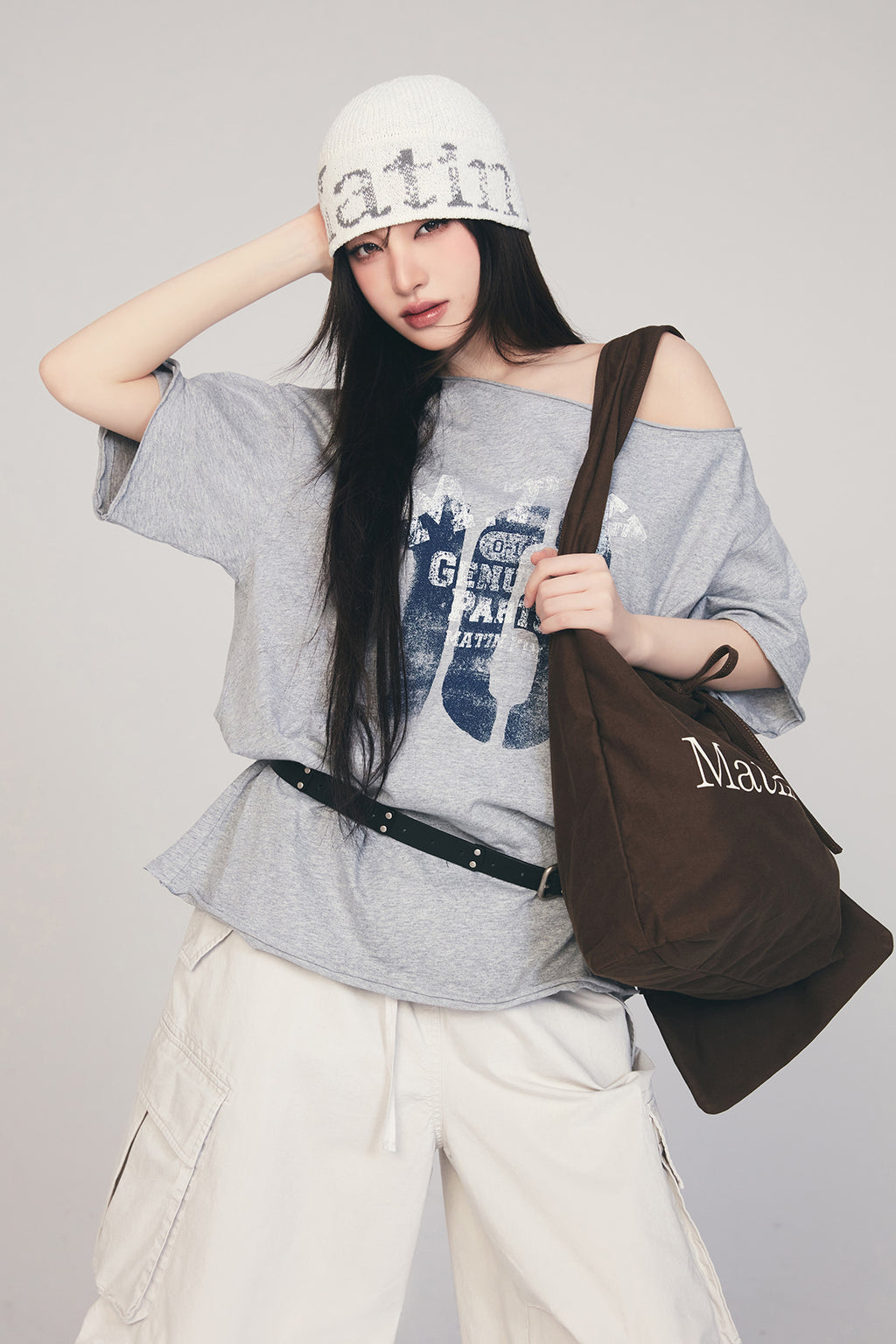 Matin Kim - [Pre-Order – Ships July 3] Mtk 16 Graffiti Logo Asymmetric Top (Grey) product image 1 | TRAB K-Fashion Australia