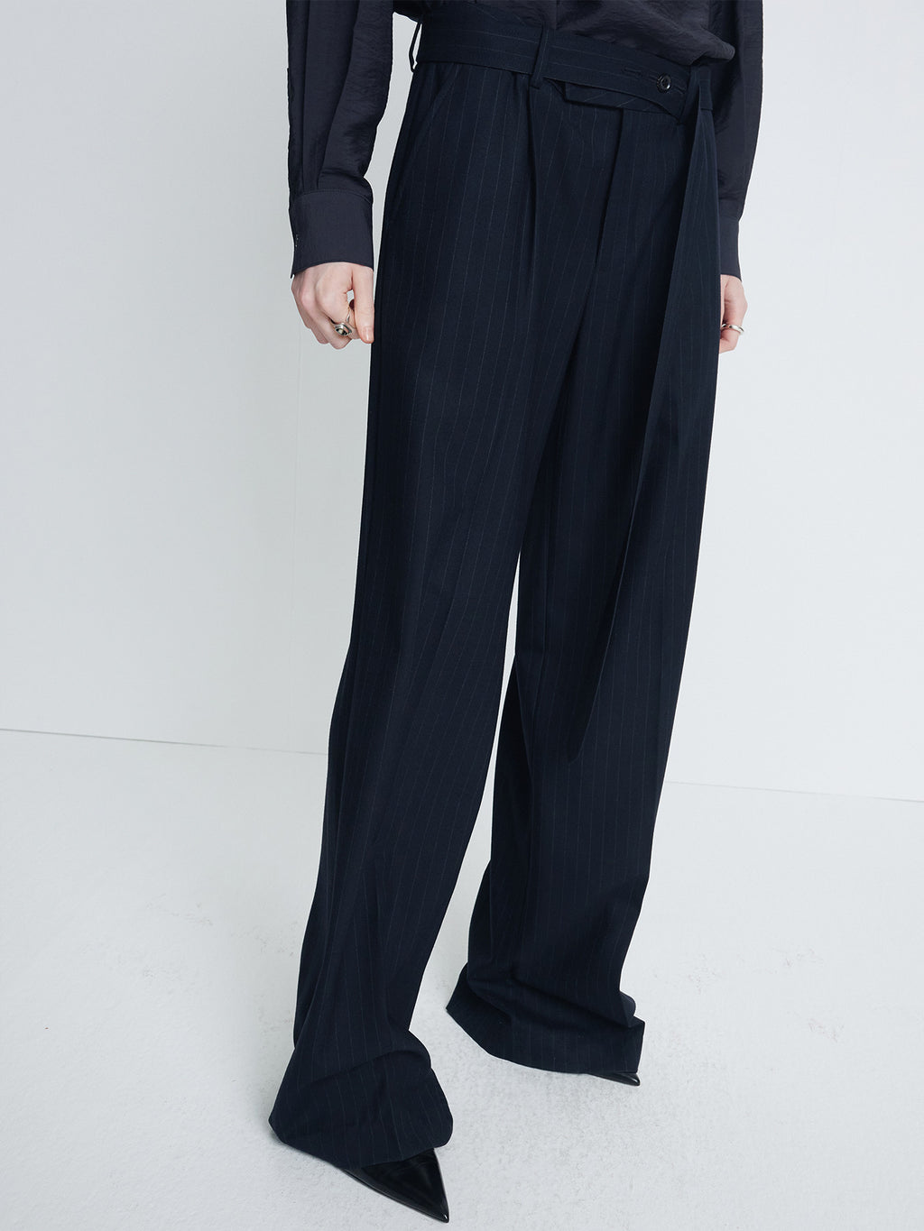 Tonywack - Pin Striped Wool Belted Trousers (Navy Pinstripe) product image 5 | TRAB K-Fashion Australia