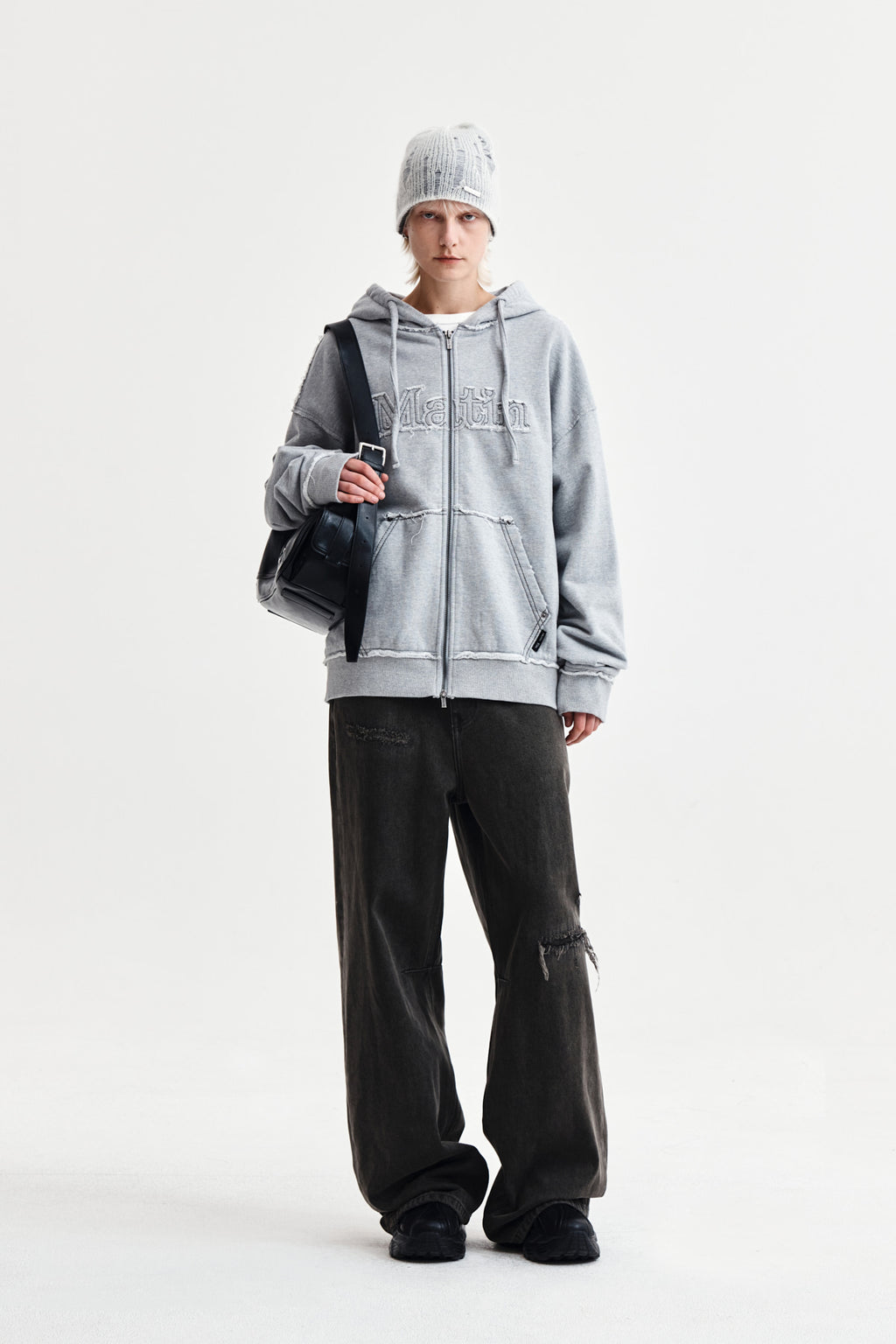 Matin Kim - Raw Cut Applique Hoody Zip Up (Grey) product image 8 | TRAB K-Fashion Australia