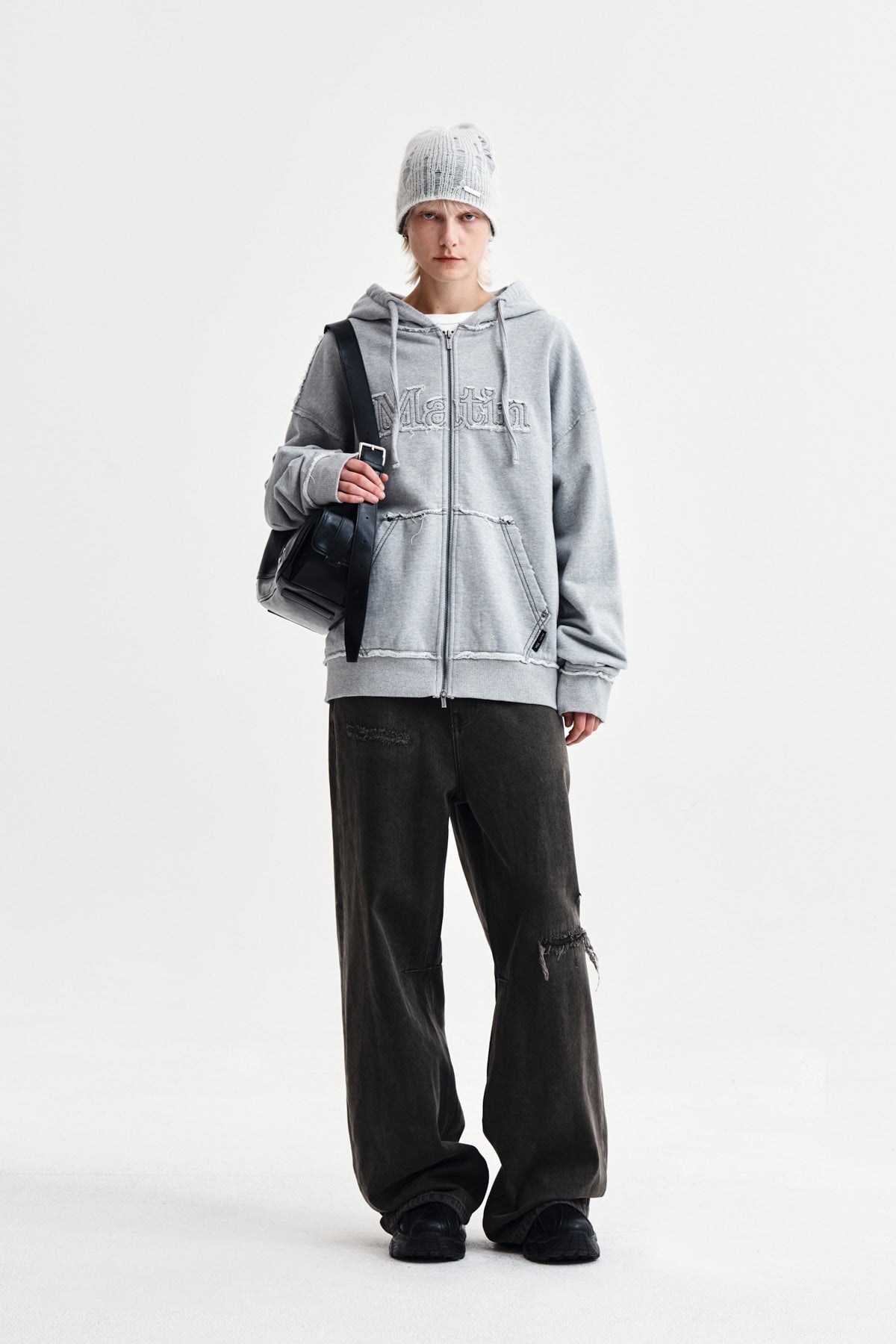 Matin Kim - Raw Cut Applique Hoody Zip Up (Grey) product image 8 | TRAB K-Fashion Australia