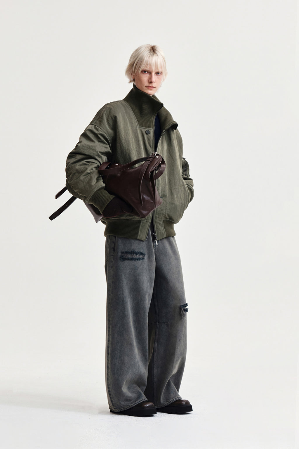 Matin Kim - High Neck Button Point Zip Up Jumper (Khaki) product image 9 | TRAB K-Fashion Australia