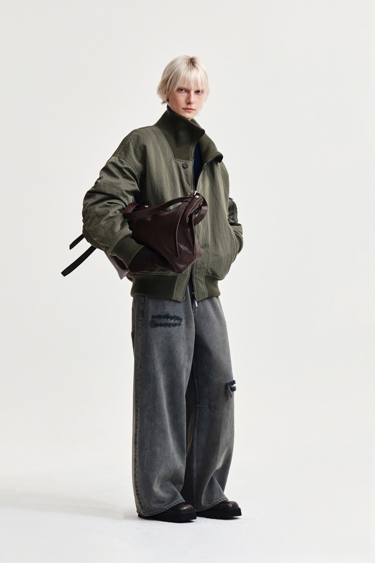Matin Kim - High Neck Button Point Zip Up Jumper (Khaki) product image 9 | TRAB K-Fashion Australia
