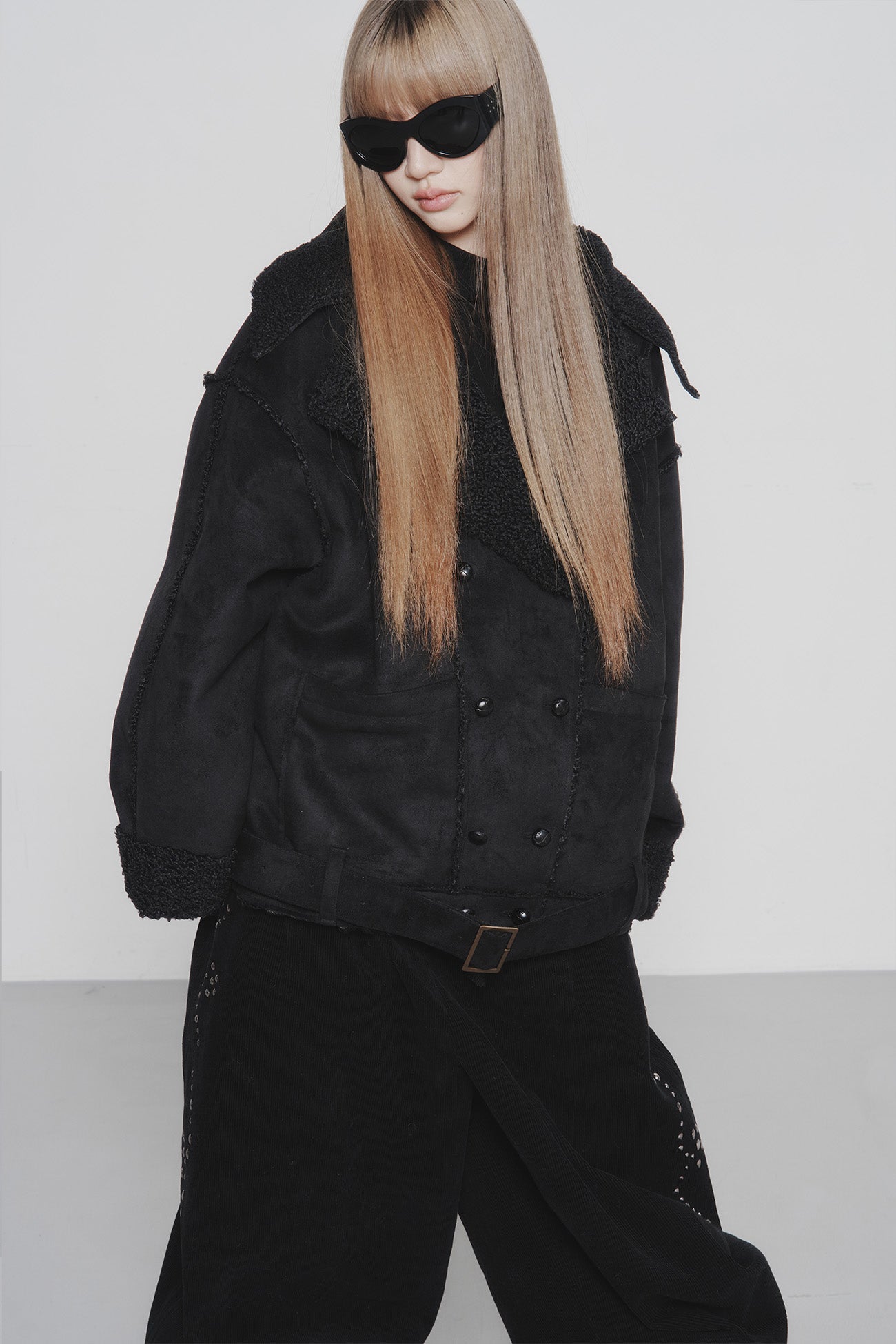 Deinet - Button Up Belted Shearling Jacket (Black) product image 10 | TRAB K-Fashion Australia
