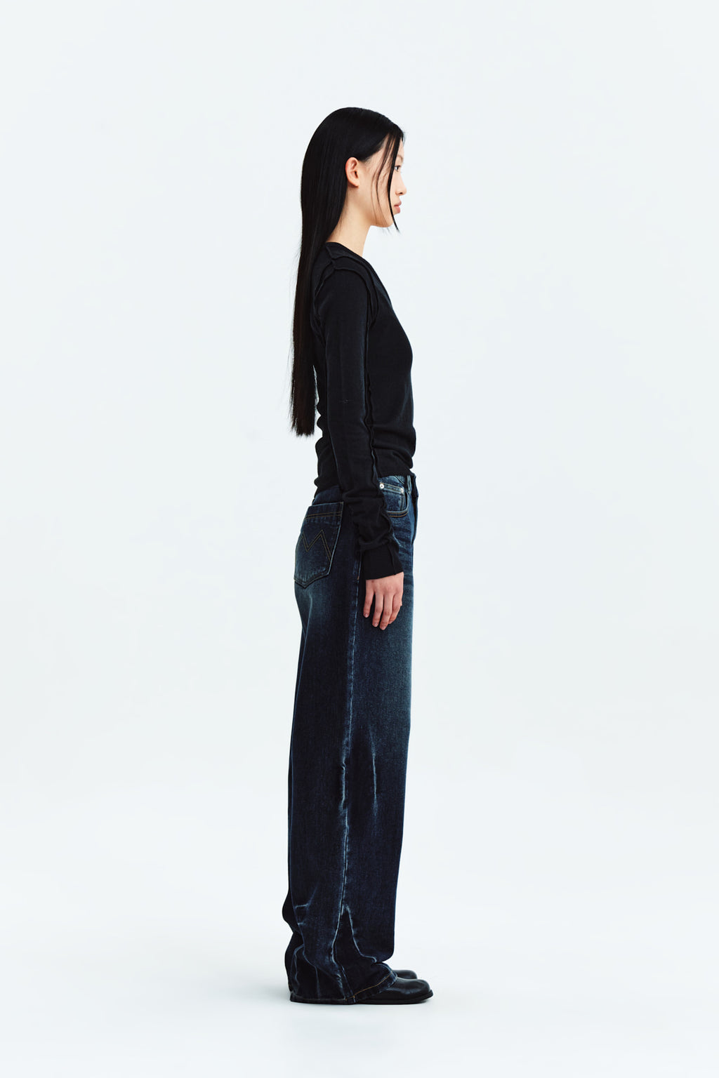 Matin Kim - Stitch V Neck Slim Long Sleeve (Black) product image 7 | TRAB K-Fashion Australia
