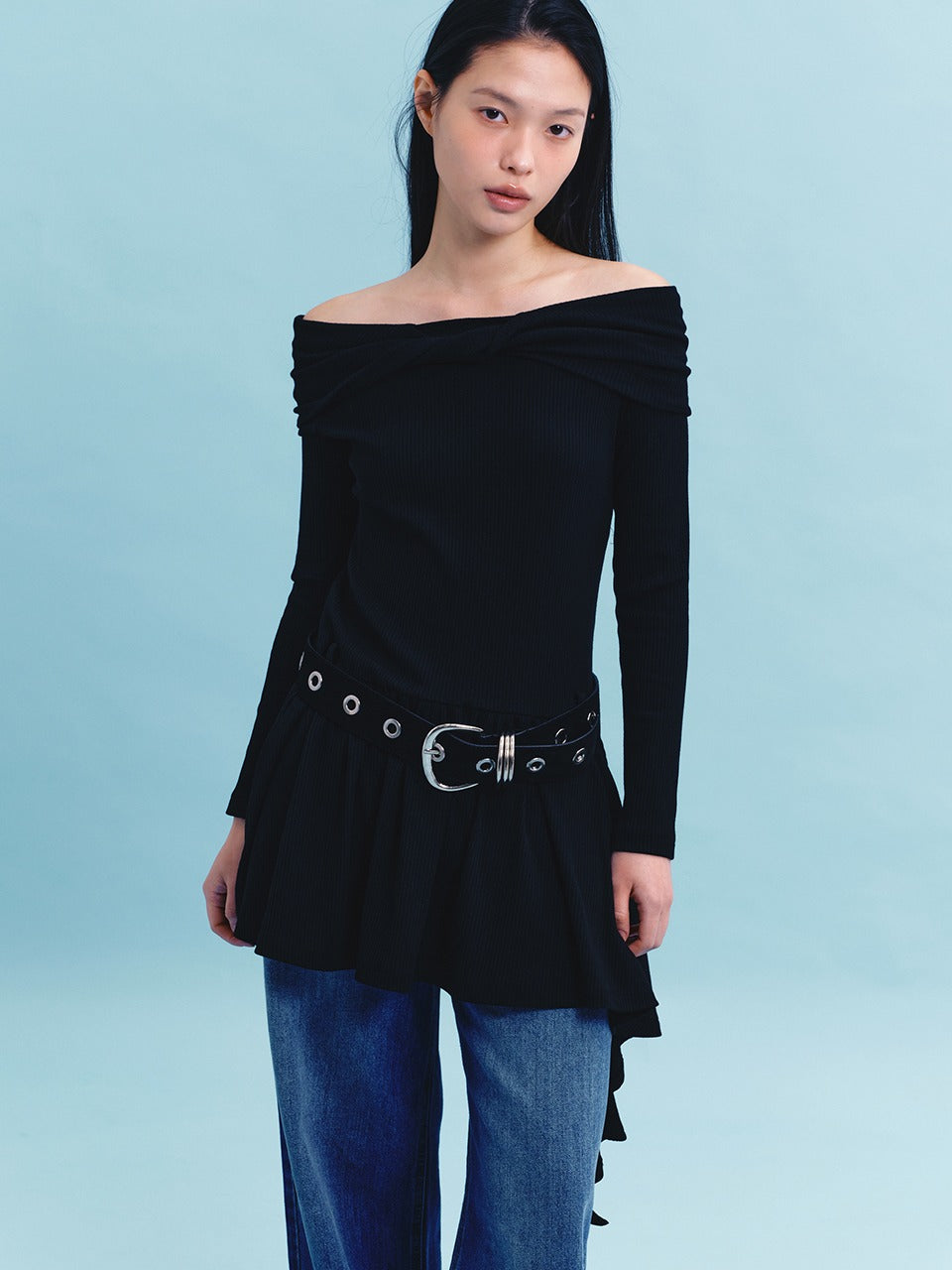 Margarin Fingers - Off Shoulder Ruffle Dress (Black) product image 1 | TRAB K-Fashion Australia