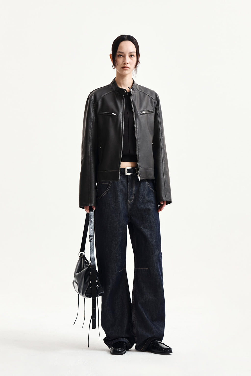 Matin Kim - Washed Faux Leather Racer Jumper (Charcoal) product image 8 | TRAB K-Fashion Australia