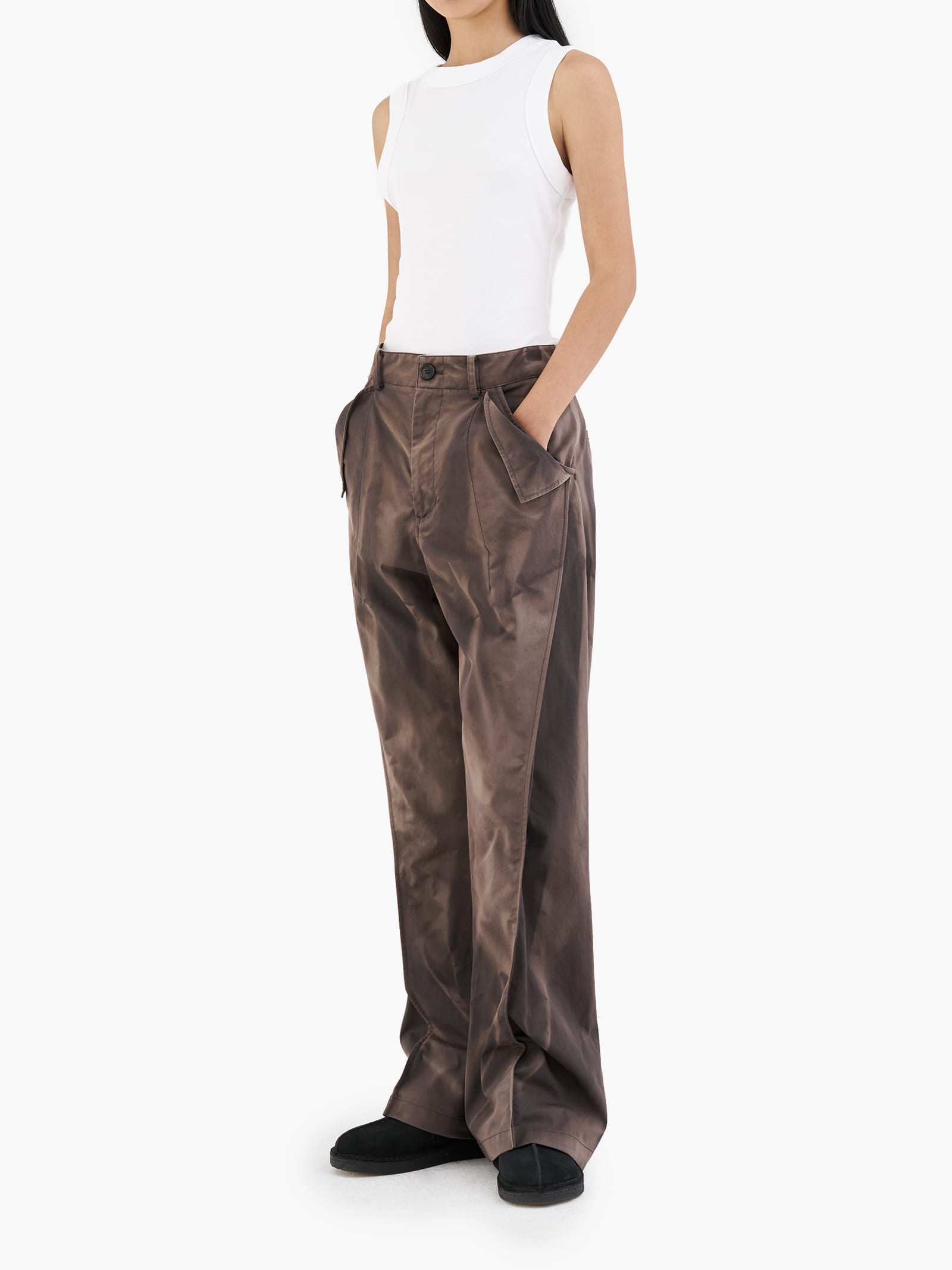 Jiyong Kim - Sun-Bleached Flap Detailed Trousers (Brown) product image 3 | TRAB K-Fashion Australia