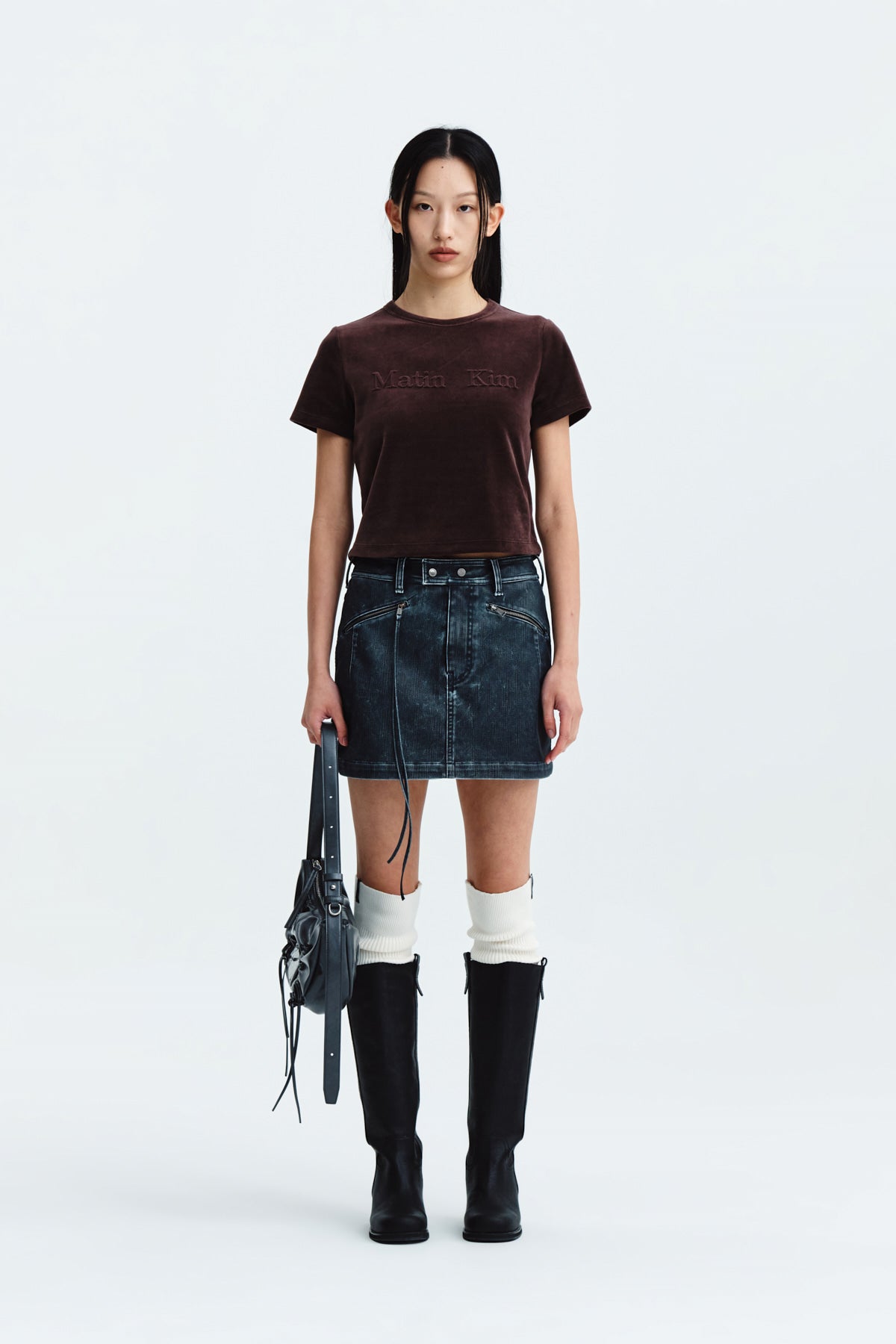 Matin Kim - Logo Emboss Velvet Crop Top (Brown) product image 6 | TRAB K-Fashion Australia