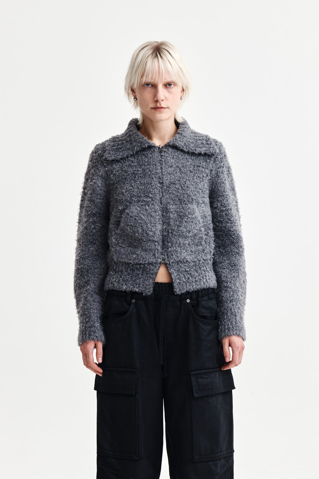 Matin Kim - Boucle Knit Zip Up Cardigan (Charcoal) product image 1 | TRAB K-Fashion Australia