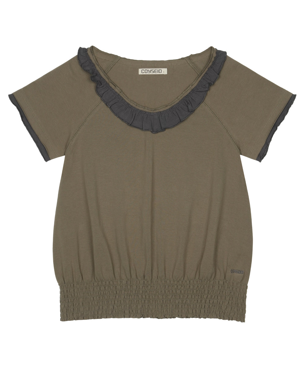 Coyseio - Ruffle V-Neck Smocked T-Shirt (Olive) product image 11 | TRAB K-Fashion Australia