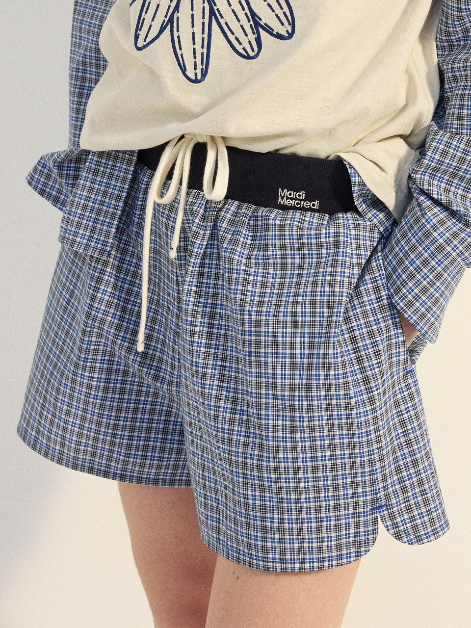 Mardi Mercredi - Cotton Shorts Check Contrast Waistband (Navy) product image 1 | TRAB K-Fashion Australia