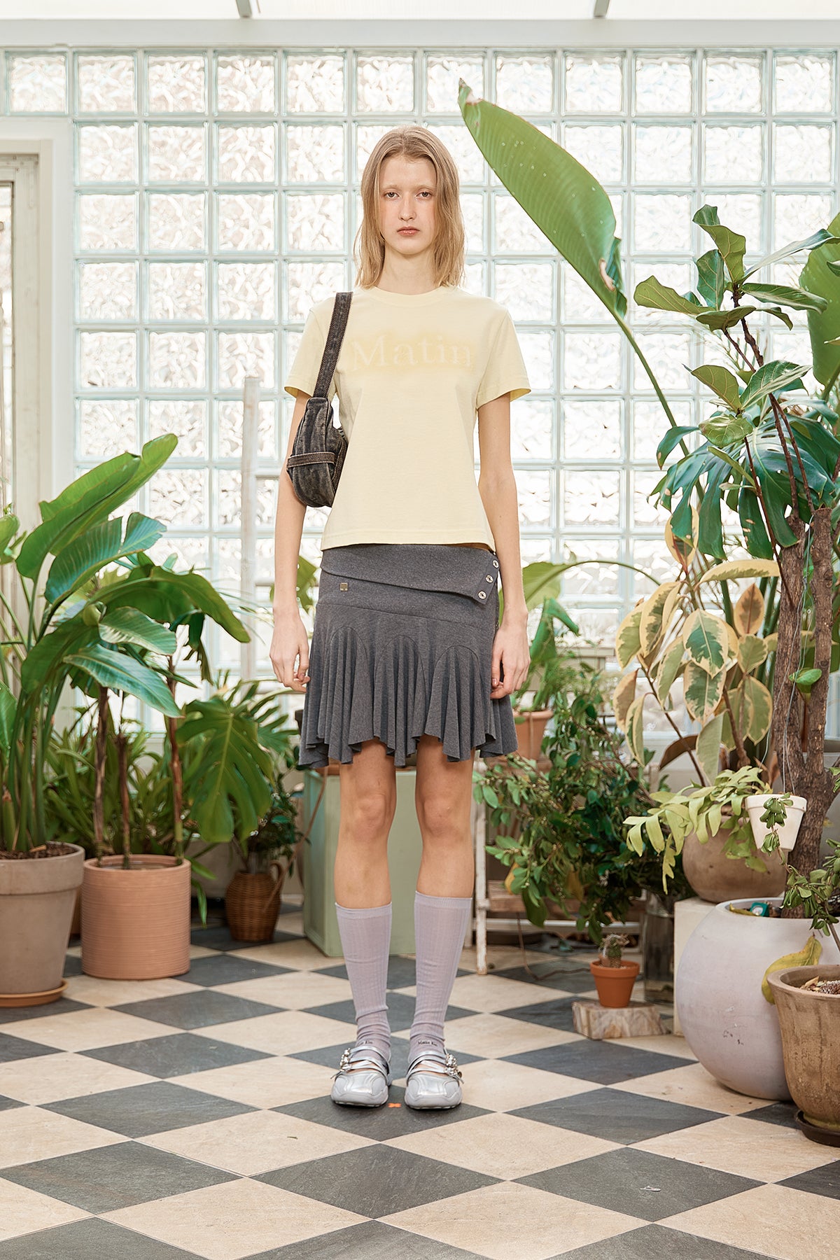 Matin Kim - Unbalance Flare Folding Skirt (Charcoal) product image 12 | TRAB K-Fashion Australia