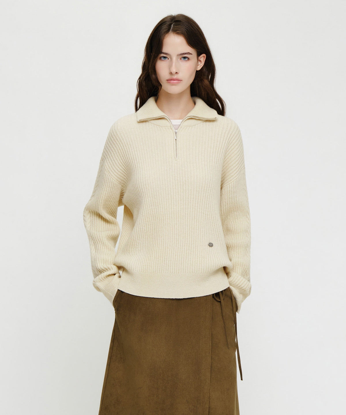 Marithe & Francois Girbaud - Cable Point Half Zip-up Knit (Ivory) product image 1 | TRAB K-Fashion Australia