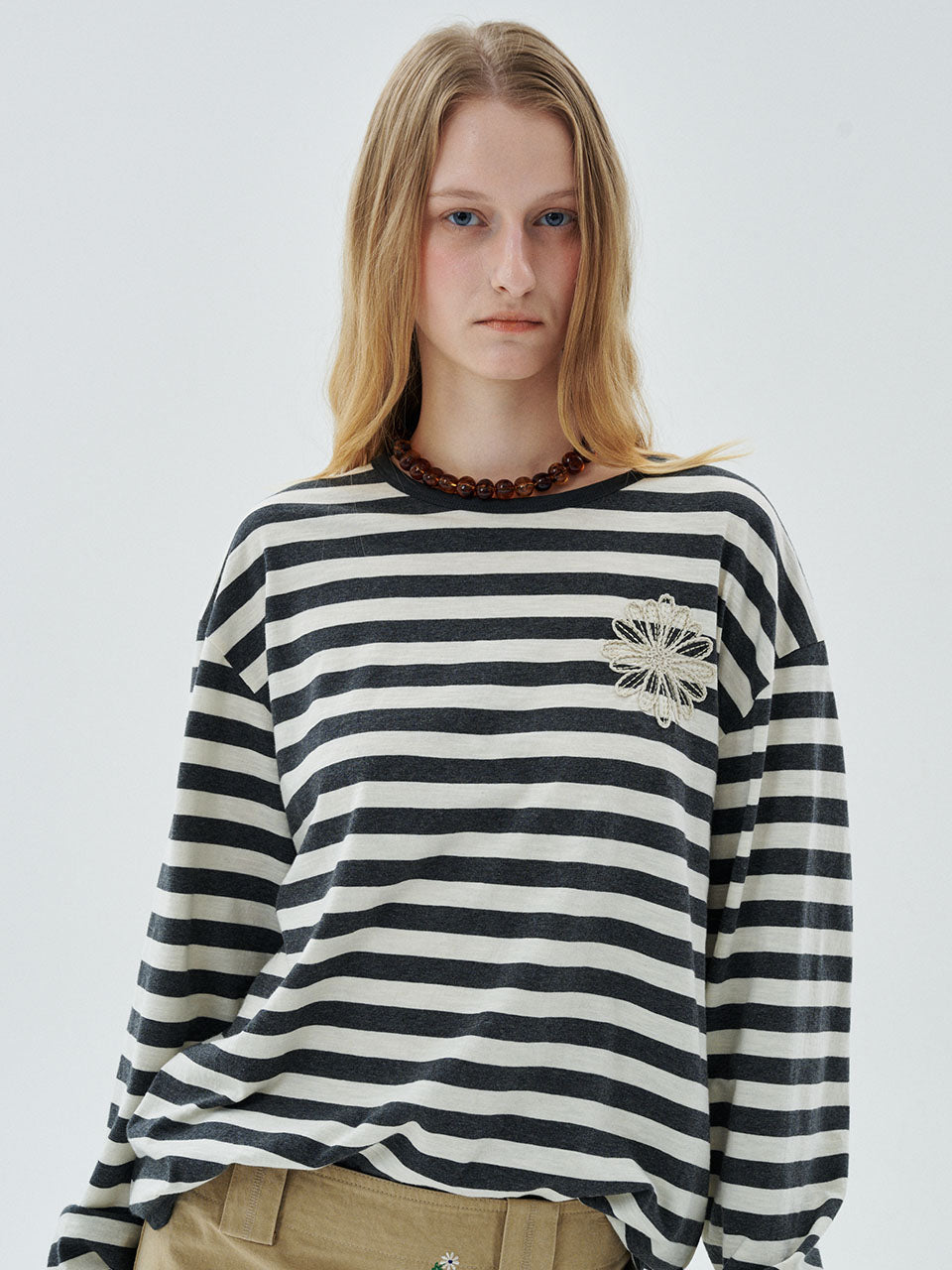 Mardi Mercredi - [Pre-Order – Ships October 9] Slub Cotton Tshirt Long Sleeve Stripe Flower (Charcoal Beige) product image 1 | TRAB K-Fashion Australia
