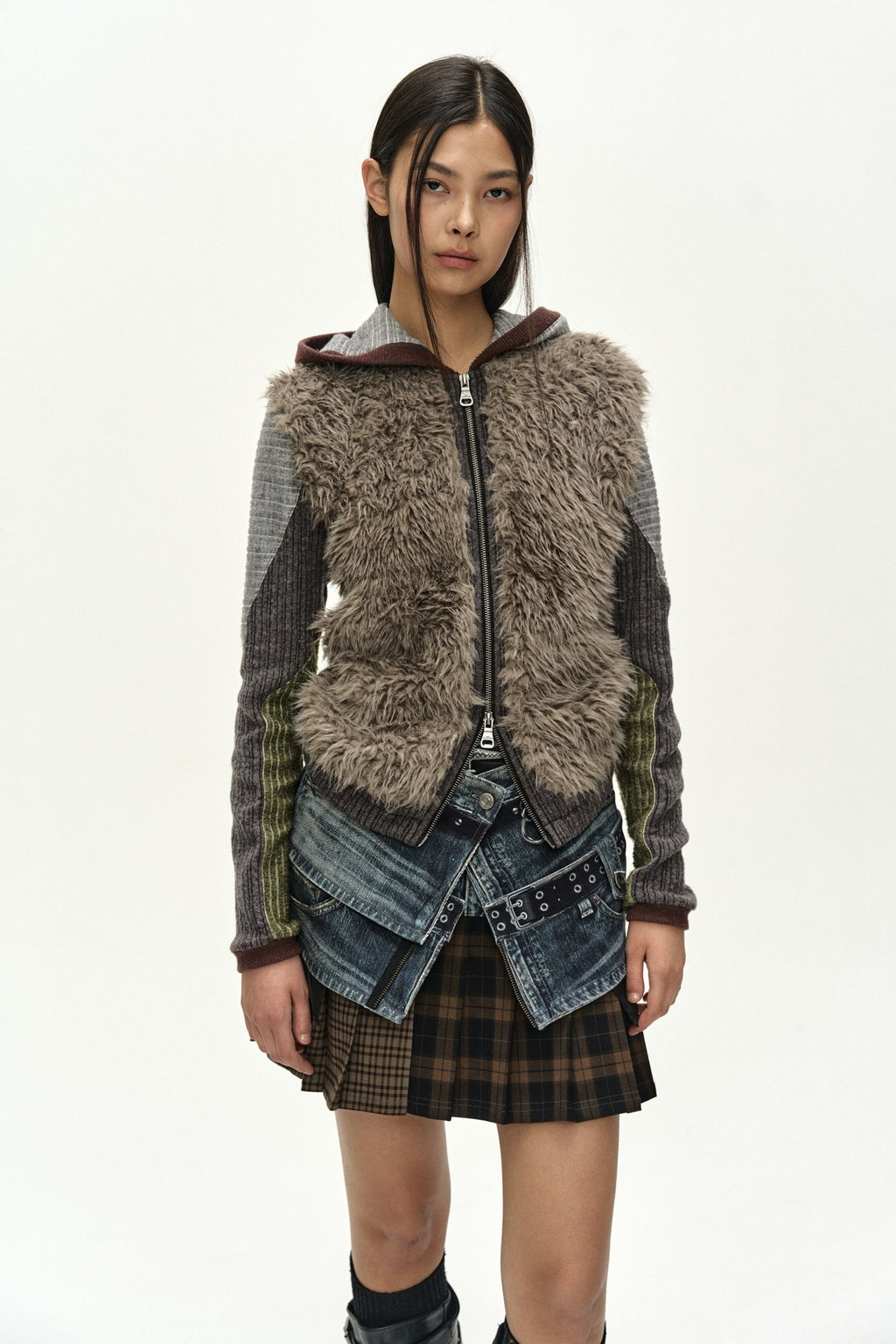Andersson Bell - Fur Color-Blocked Hooded Zip-Up (Charcoal/Khaki) product image 1 | TRAB K-Fashion Australia