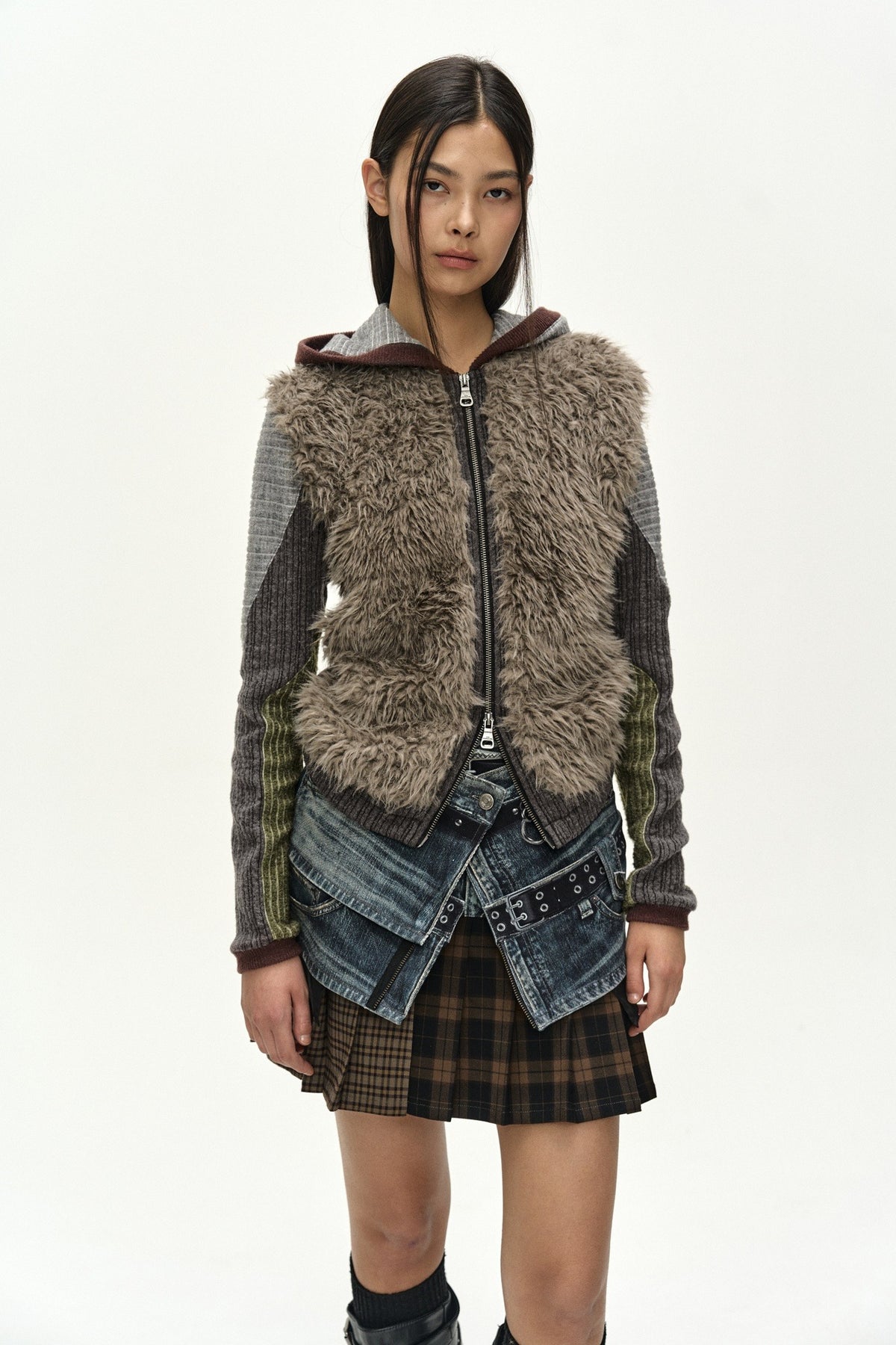 Andersson Bell - Fur Color-Blocked Hooded Zip-Up (Charcoal/Khaki) product image 1 | TRAB K-Fashion Australia
