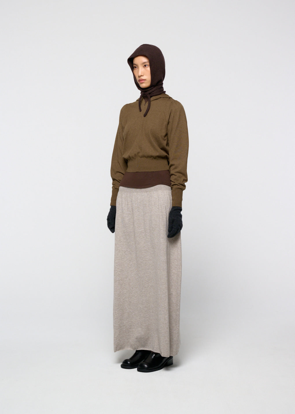 Amomento - Ribbed shirring knit maxi dress (Beige) product image 2 | TRAB K-Fashion Australia