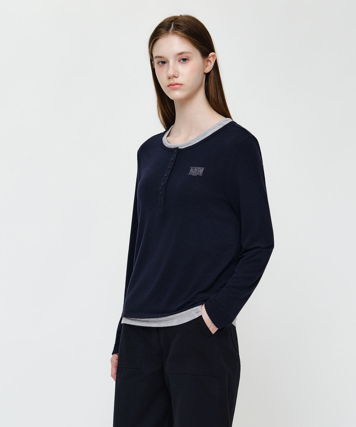 Marithe & Francois Girbaud - Henley Neck Layered Long Sleeve Tee (Navy) product image 2 | TRAB K-Fashion Australia