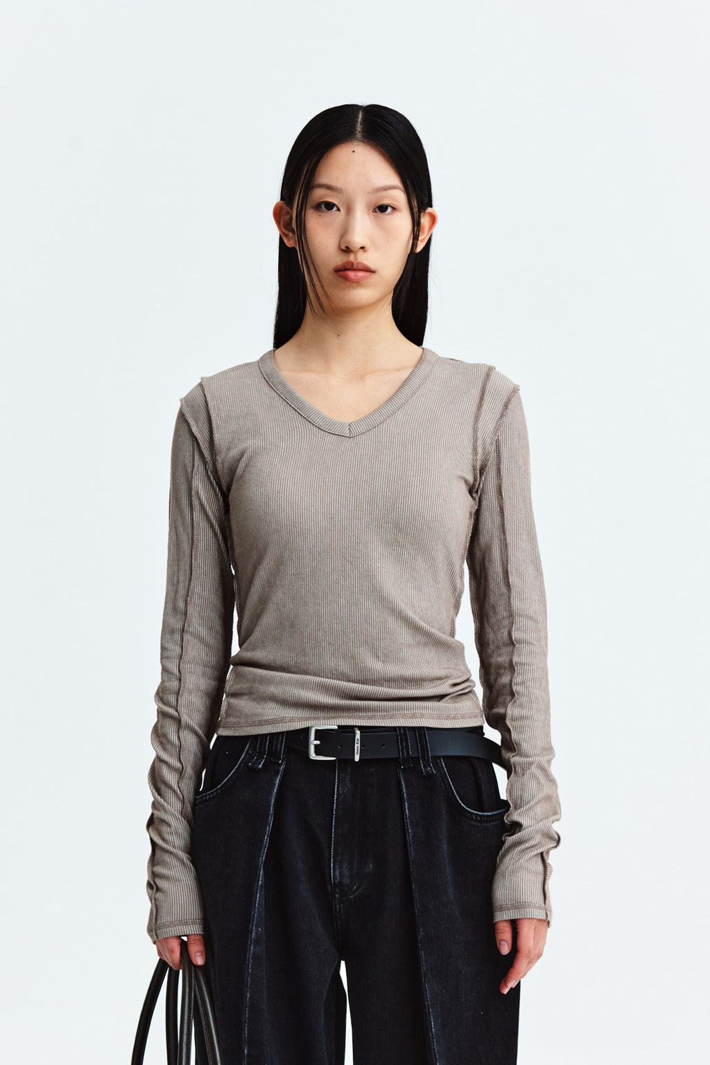 Matin Kim - Stitch V Neck Slim Long Sleeve (Brown) product image 6 | TRAB K-Fashion Australia