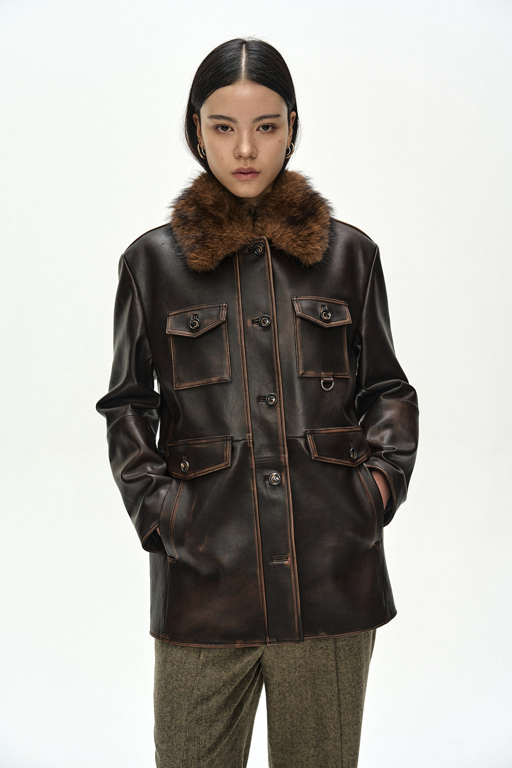 Andersson Bell - Fur Collar Field Leather Jacket (Brown) product image 7 | TRAB K-Fashion Australia