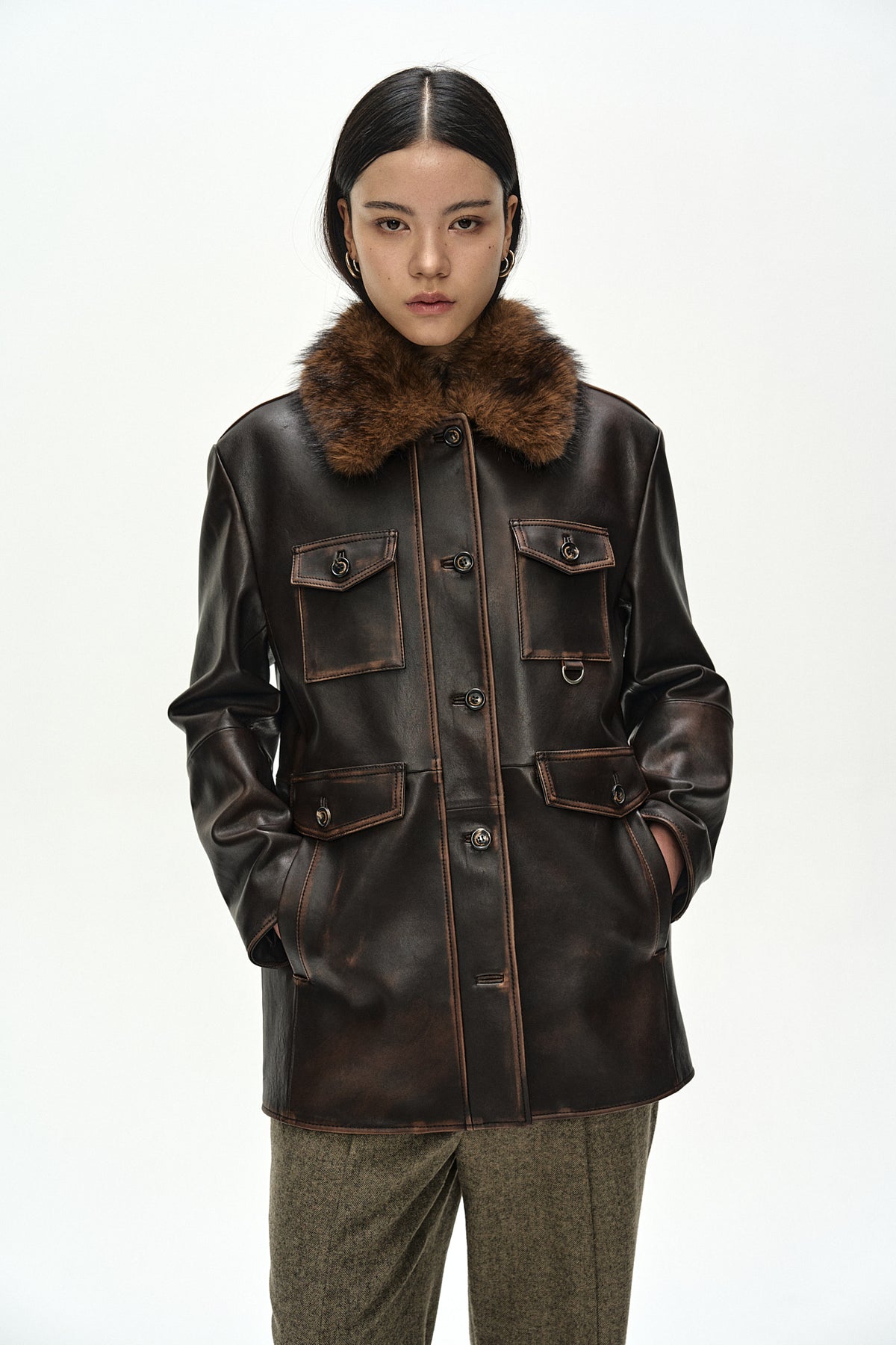 Andersson Bell - Fur Collar Field Leather Jacket (Brown) product image 7 | TRAB K-Fashion Australia