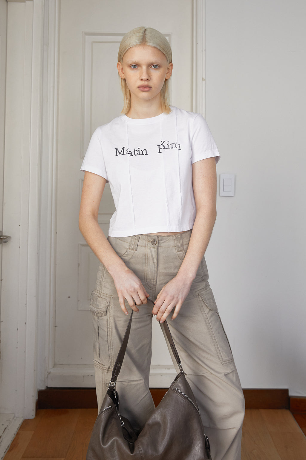 Matin Kim - Unbalance Typo Logo Crop Top (White) product image 11 | TRAB K-Fashion Australia