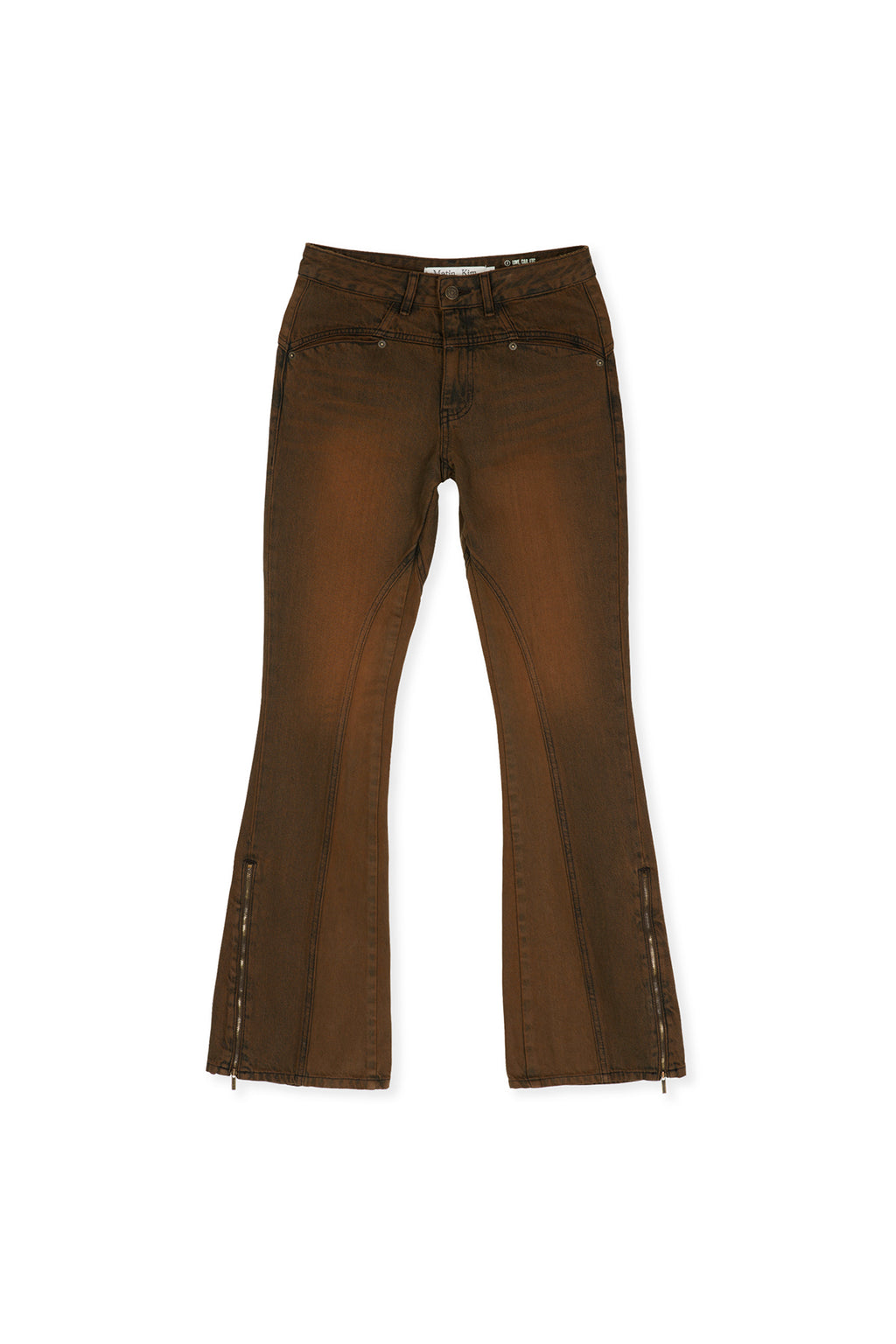 Matin Kim - Peaches Zipper Detail Boots Cut Denim Pants (Brown) product image 2 | TRAB K-Fashion Australia