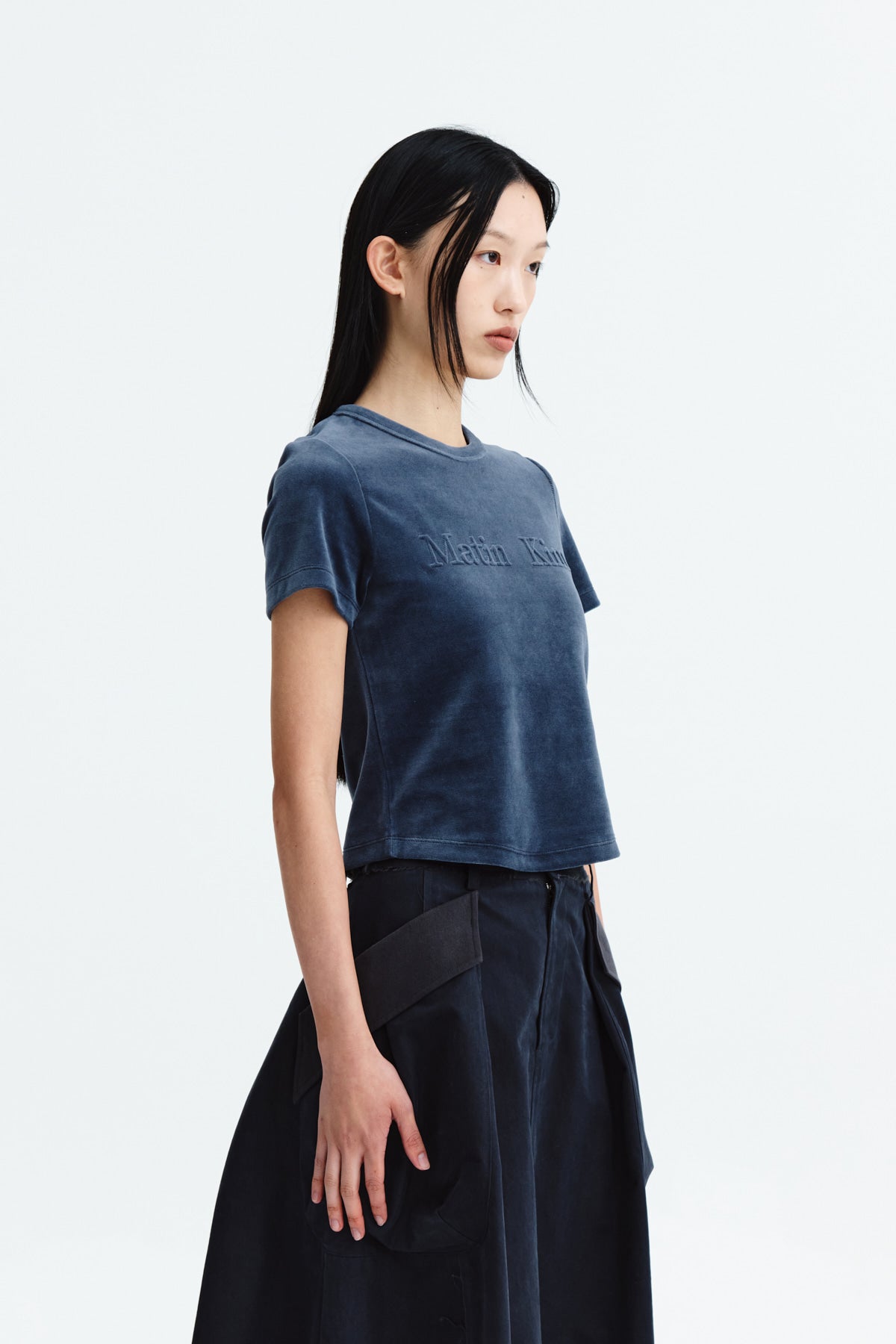 Matin Kim - Logo Emboss Velvet Crop Top (Smoke Blue) product image 9 | TRAB K-Fashion Australia