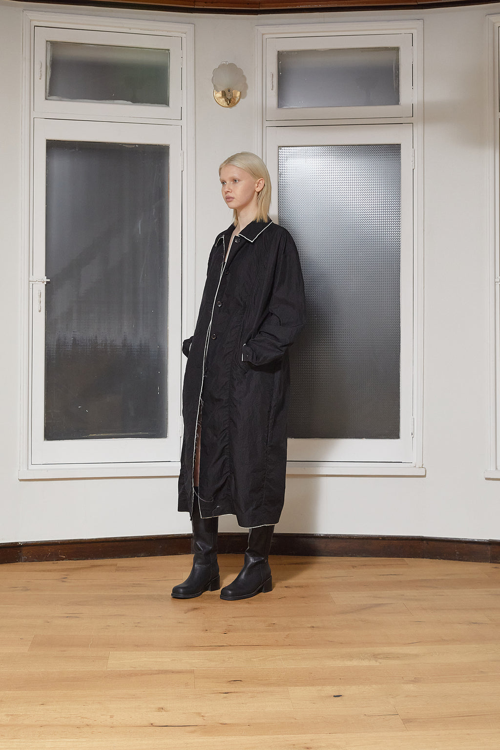 Matin Kim - Back Logo Point Nylon Long Coat (Black) product image 9 | TRAB K-Fashion Australia