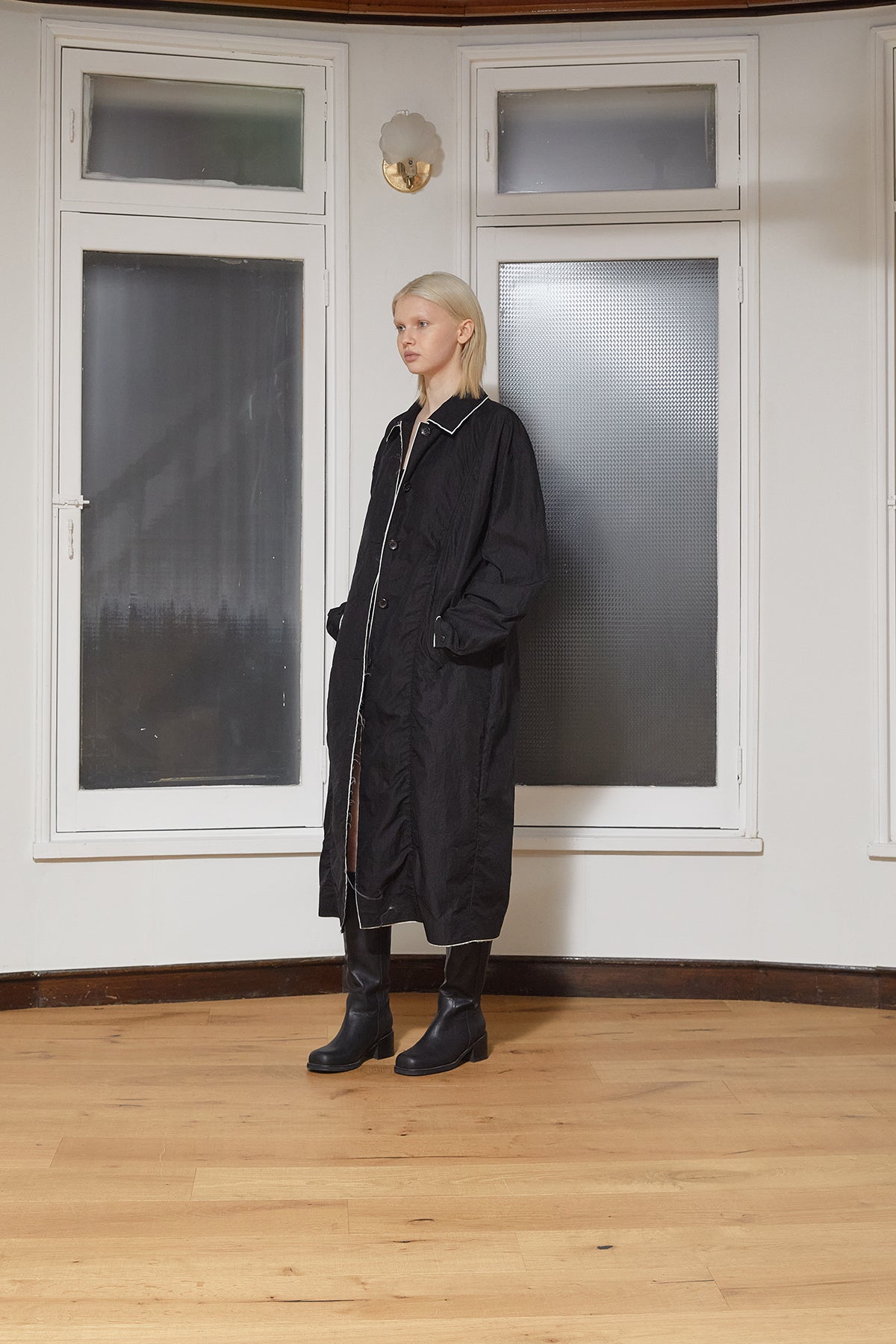 Matin Kim - Back Logo Point Nylon Long Coat (Black) product image 9 | TRAB K-Fashion Australia