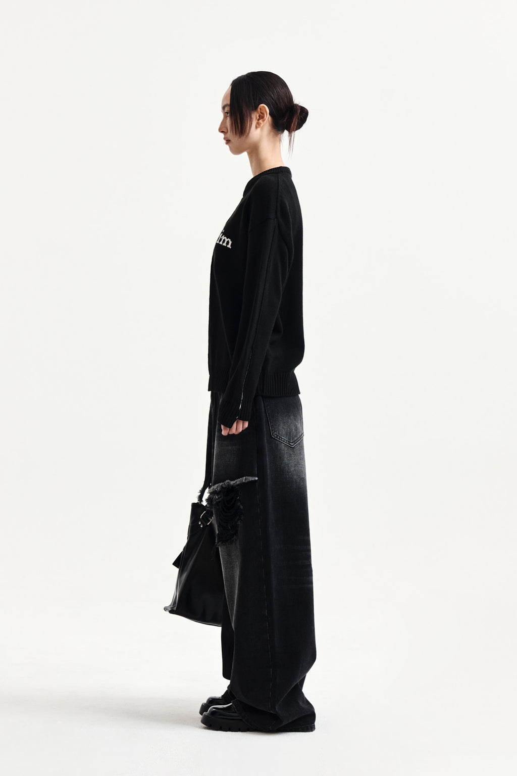 Matin Kim - Asymmetric Logo Knit Pullover (Black) product image 6 | TRAB K-Fashion Australia
