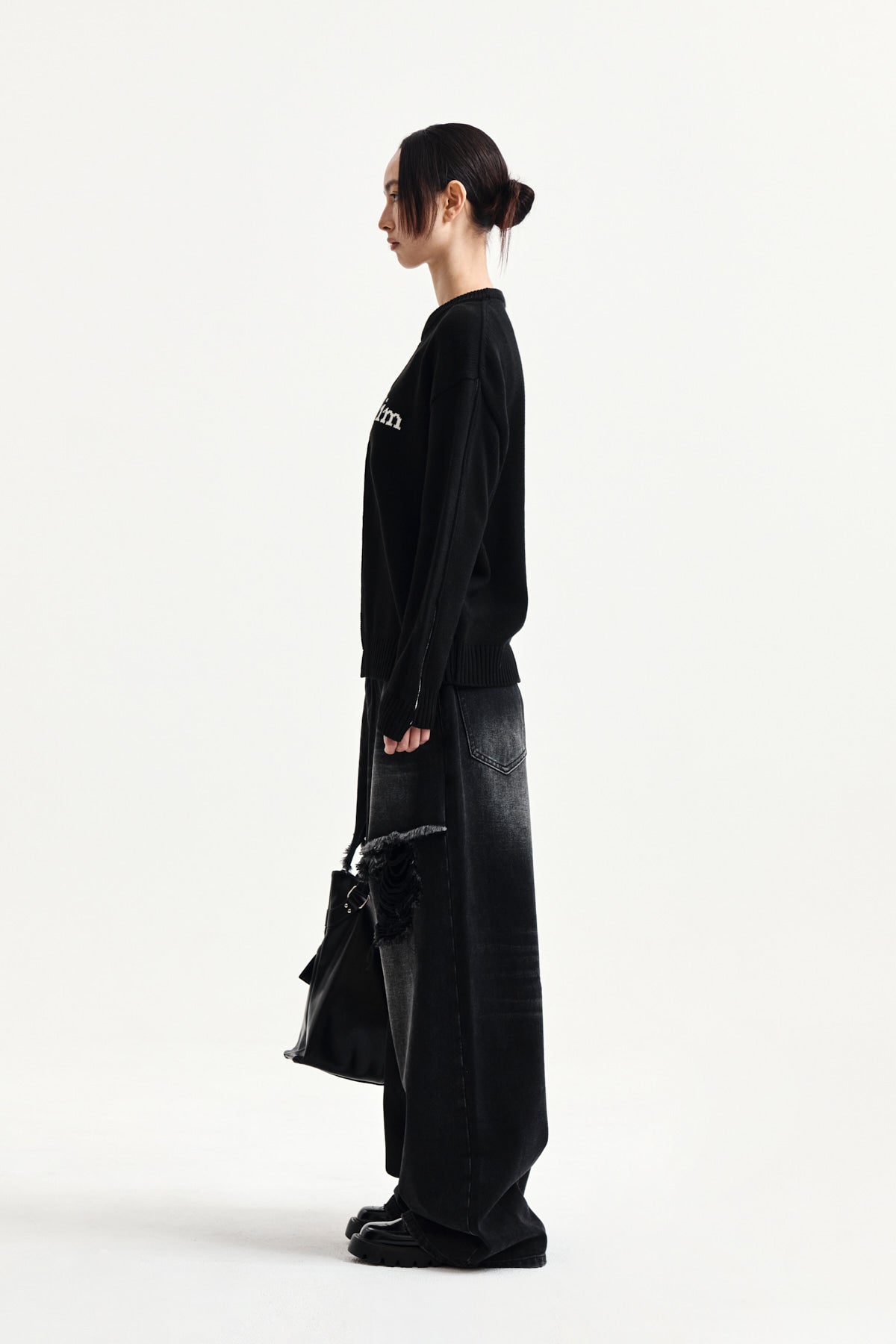 Matin Kim - Asymmetric Logo Knit Pullover (Black) product image 6 | TRAB K-Fashion Australia