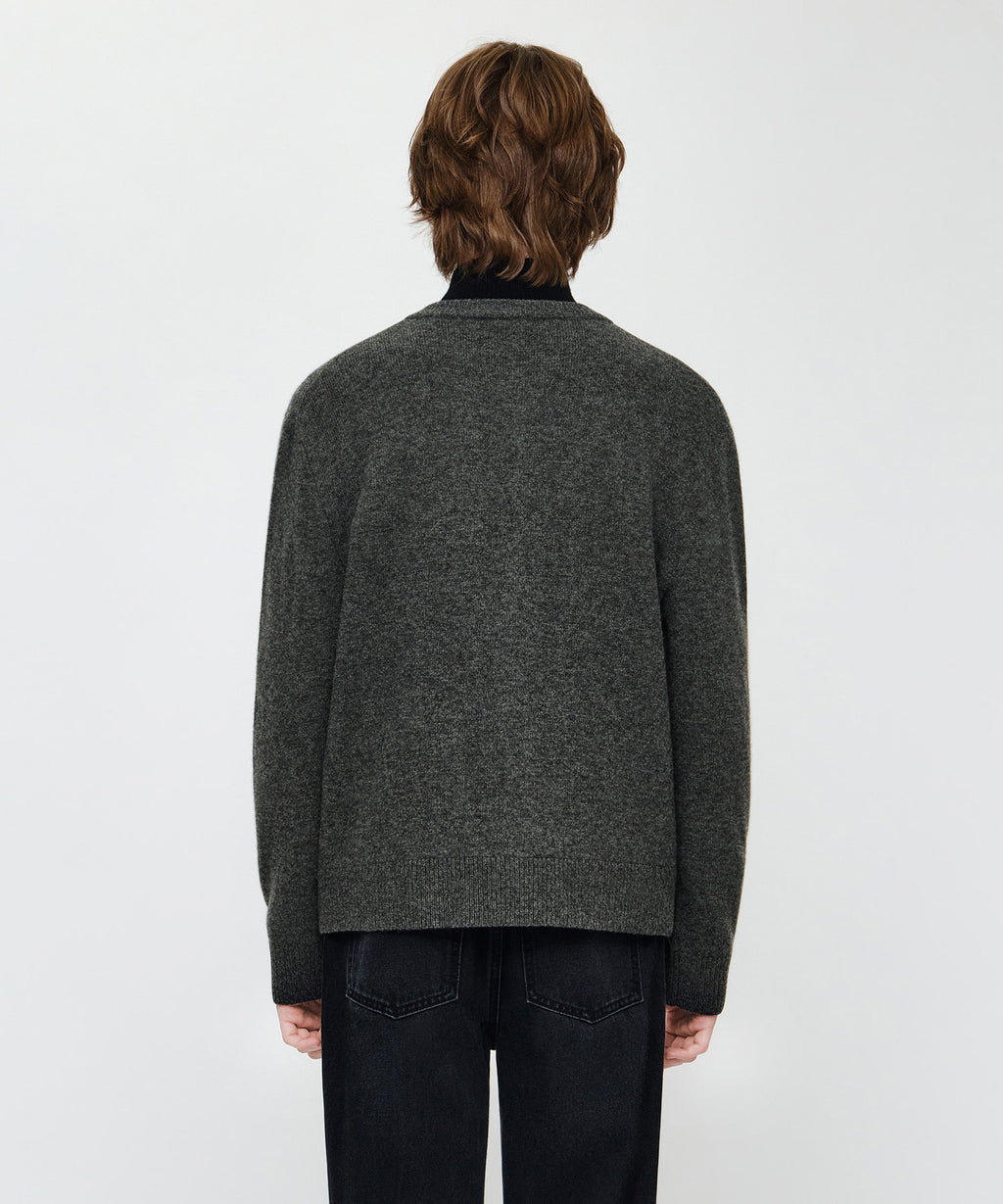 Marithe & Francois Girbaud - Premium Small Classic Logo Wool Round Neck Cardigan (Charcoal) product image 3 | TRAB K-Fashion Australia