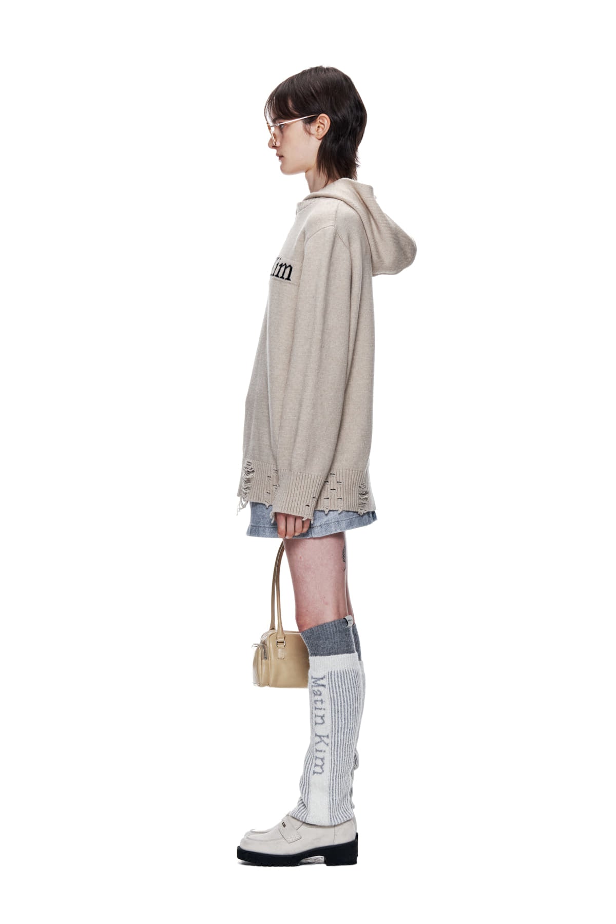 Matin Kim - Damage Logo Knit Hoodie (Beige) product image 6 | TRAB K-Fashion Australia