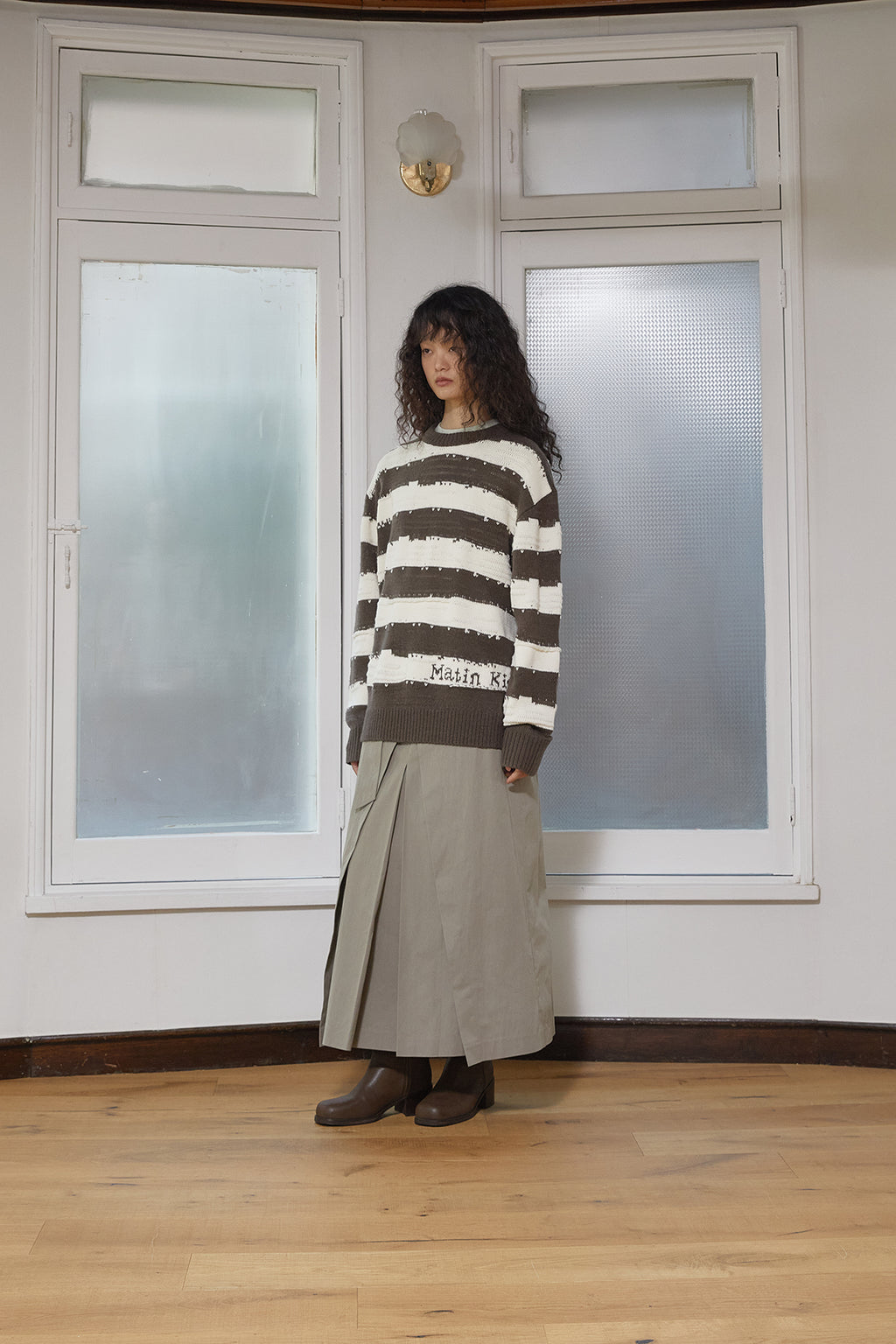 Matin Kim - Stripe Vintage Loose Pullover (Khaki Brown) product image 7 | TRAB K-Fashion Australia