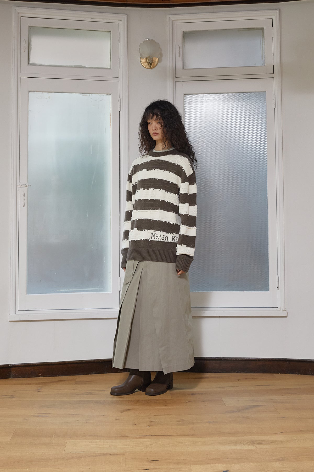 Matin Kim - Stripe Vintage Loose Pullover (Khaki Brown) product image 7 | TRAB K-Fashion Australia