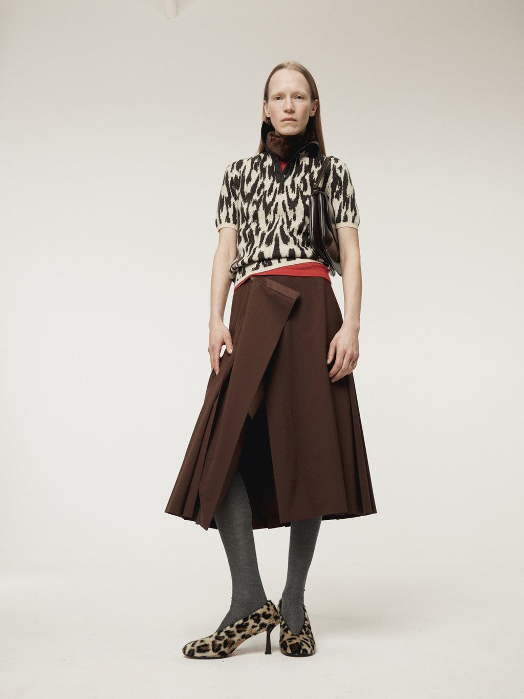 Recto - Leopard Jacquard Polo Knit Top (Dark Brown) product image 5 | TRAB K-Fashion Australia