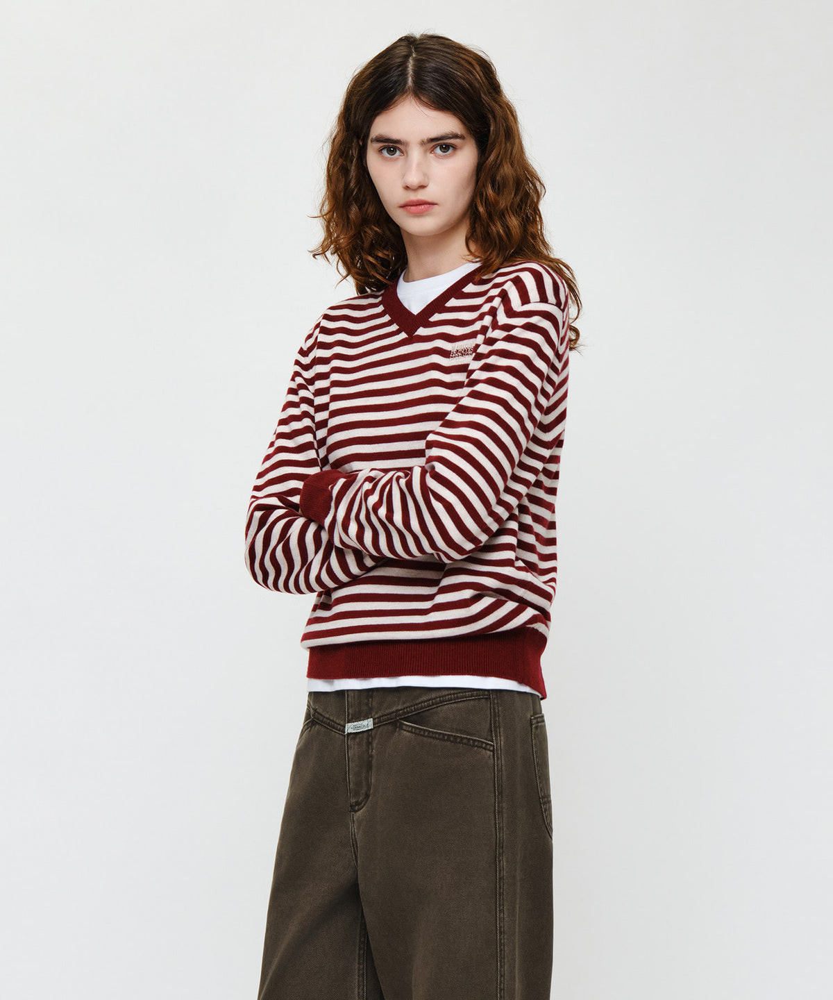 Marithe & Francois Girbaud - Micro Classic Logo V-neck Knit (Burgundy) product image 1 | TRAB K-Fashion Australia