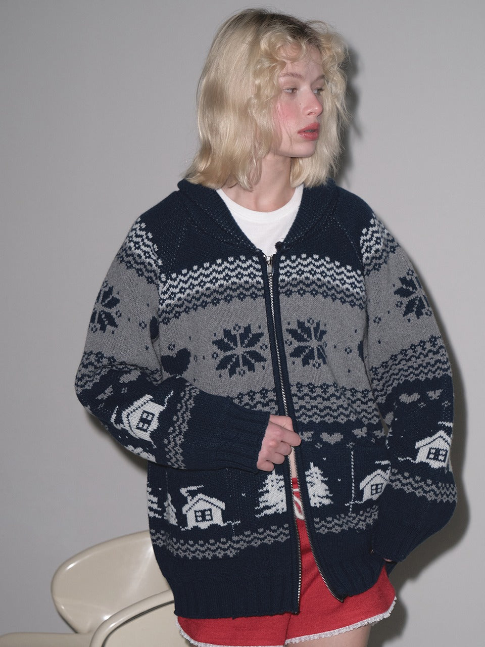 Margarin Fingers - Lambswool Cowichan Knit Zip-Up (Navy) product image 1 | TRAB K-Fashion Australia